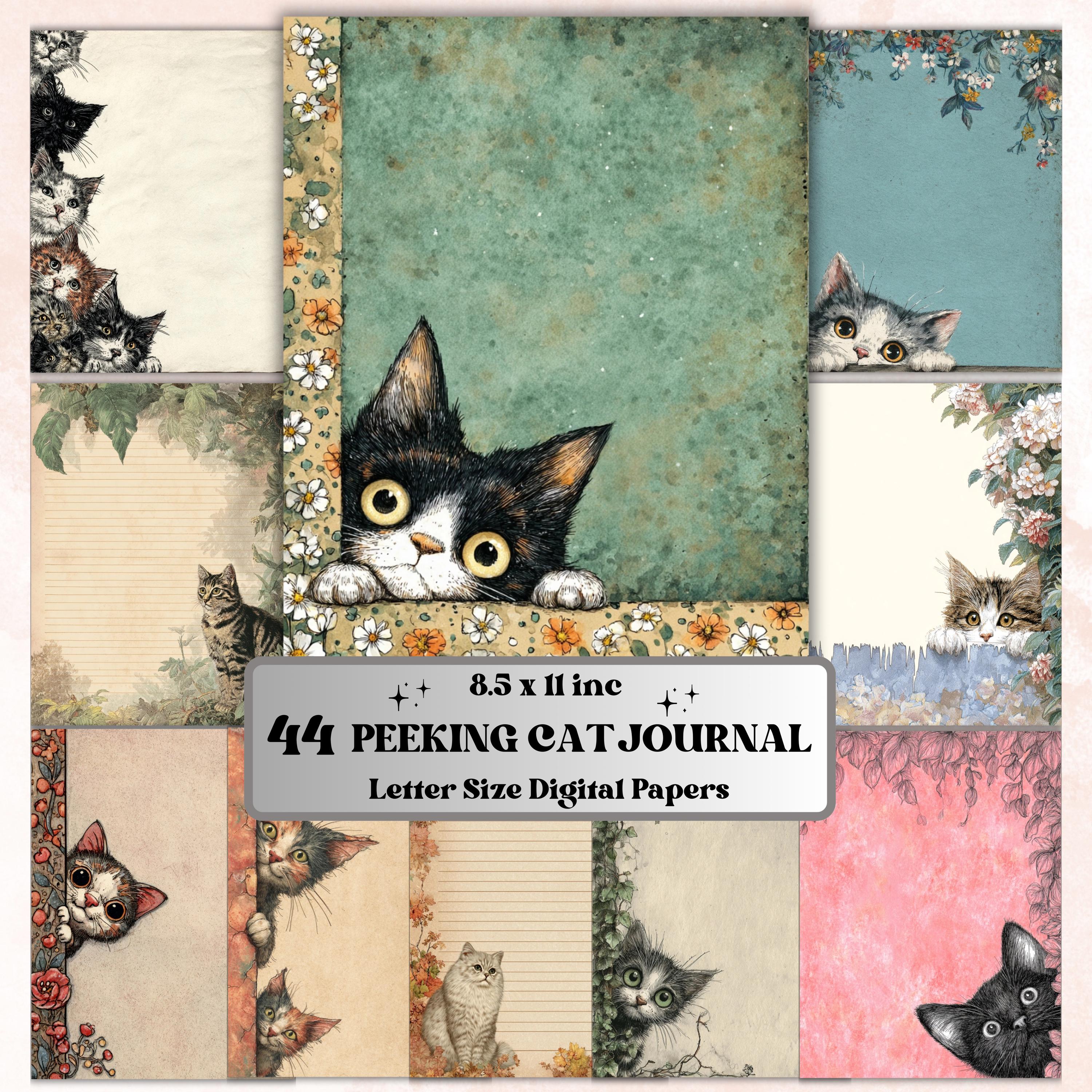44 Peeking Cat Border Lined Pages Printable, Letter Size Cute Cat Writing Paper Stationery Commercial Use