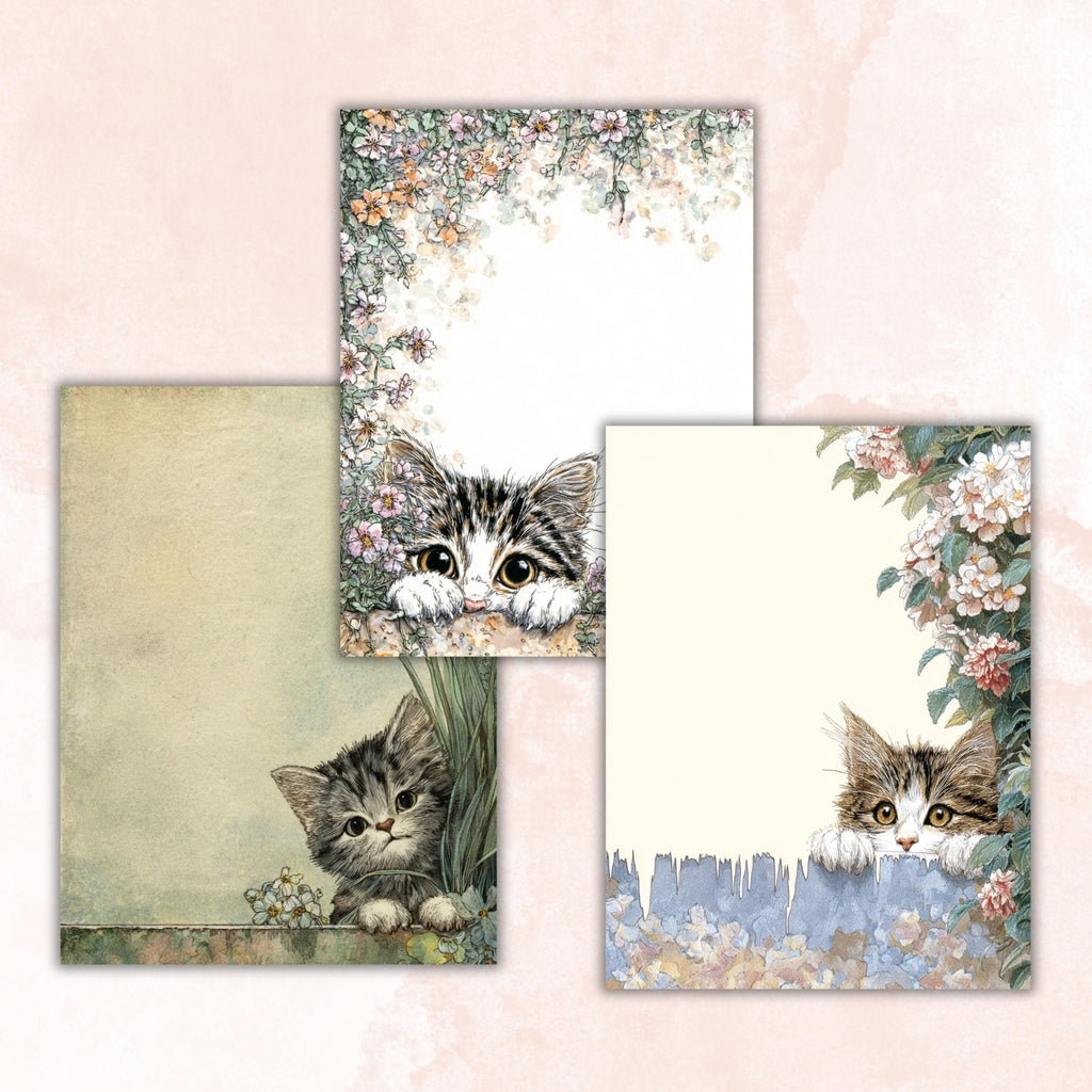 44 Peeking Cat Border Lined Pages Printable, Letter Size Cute Cat Writing Paper Stationery Commercial Use
