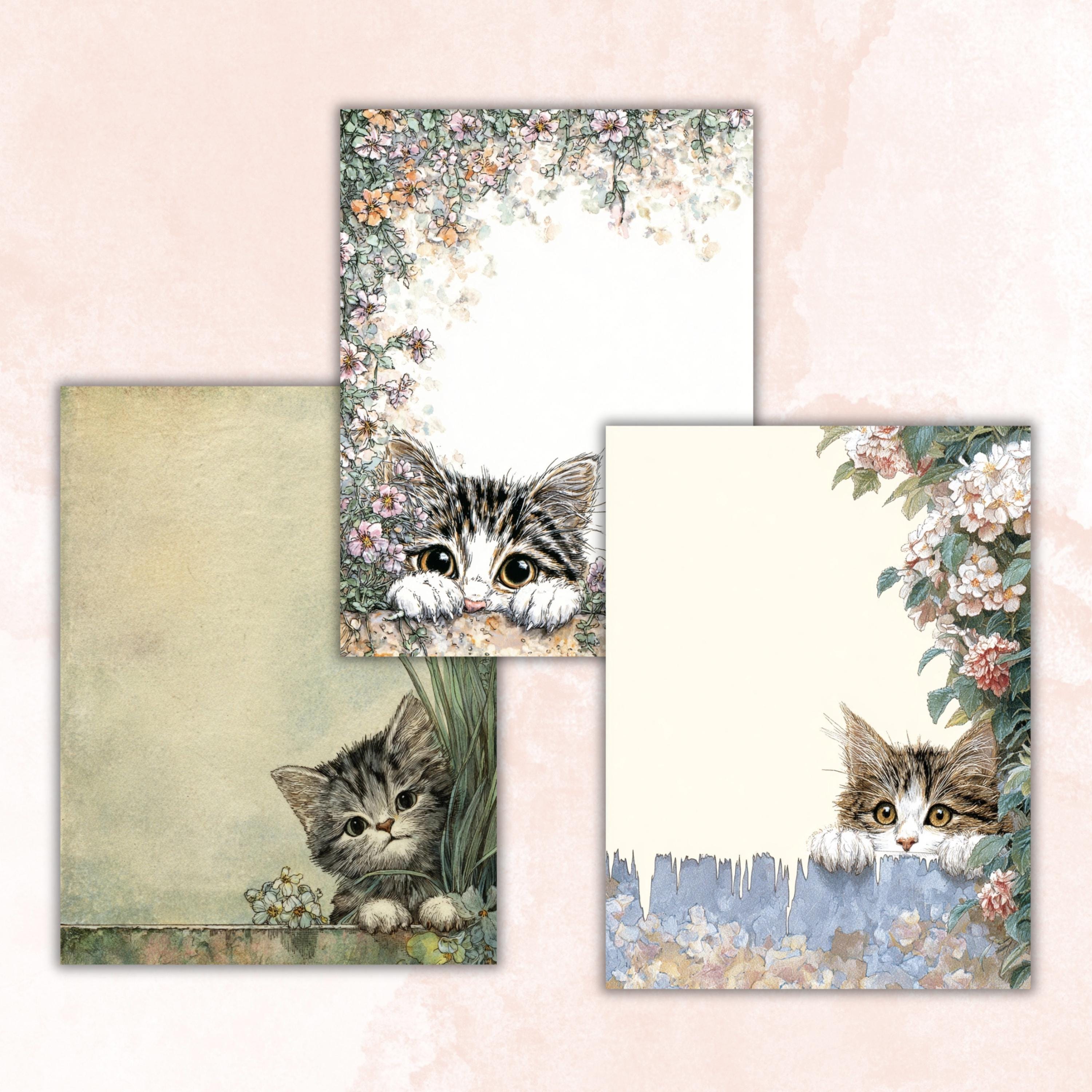 44 Peeking Cat Border Lined Pages Printable, Letter Size Cute Cat Writing Paper Stationery Commercial Use
