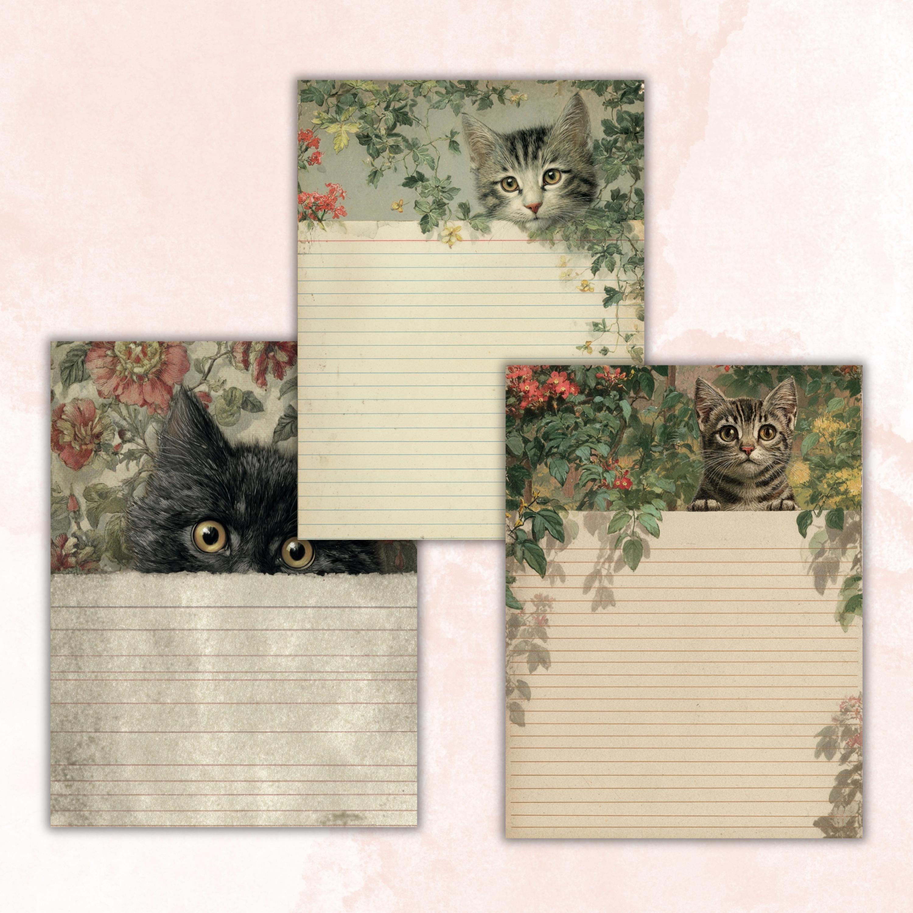 44 Peeking Cat Border Lined Pages Printable, Letter Size Cute Cat Writing Paper Stationery Commercial Use