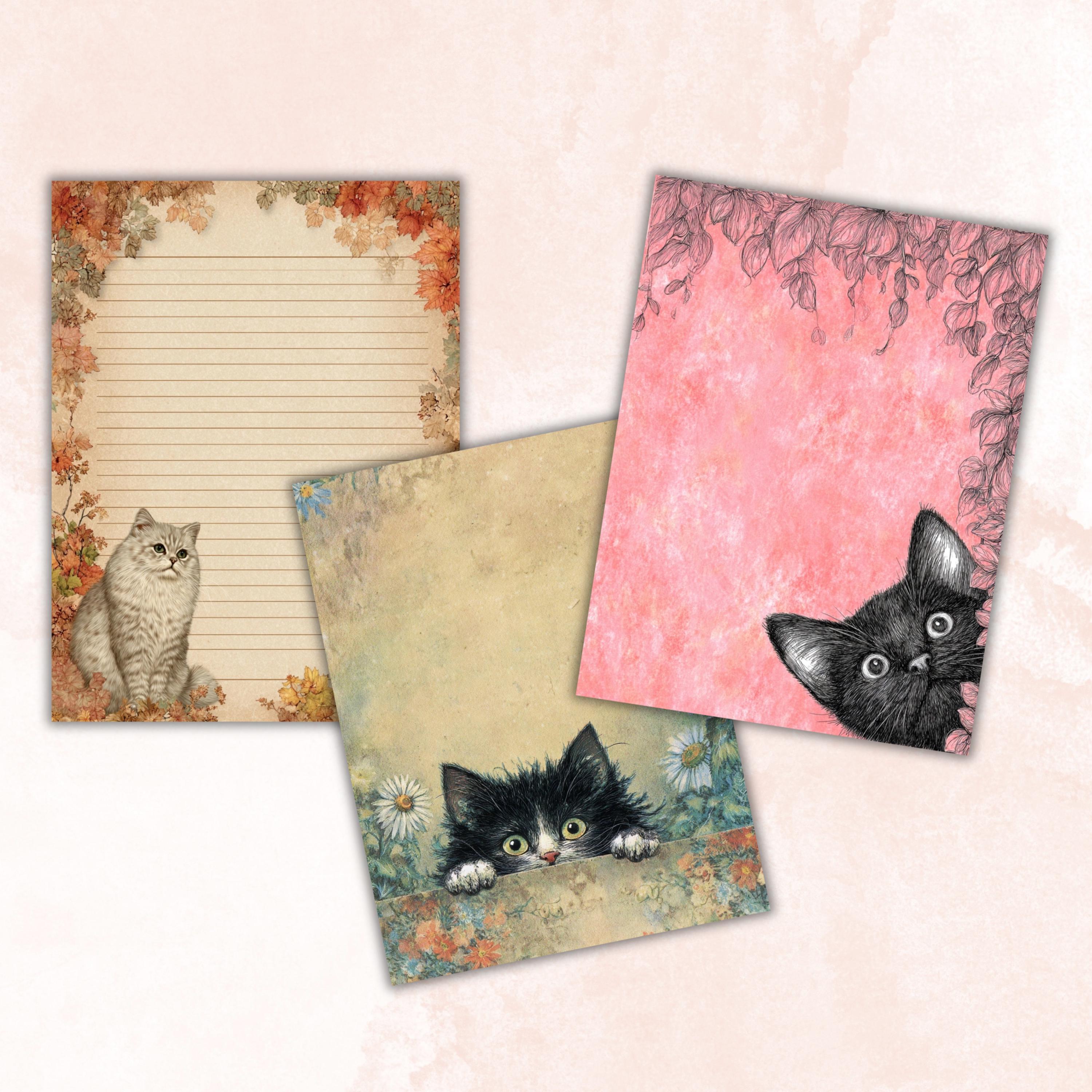 44 Peeking Cat Border Lined Pages Printable, Letter Size Cute Cat Writing Paper Stationery Commercial Use