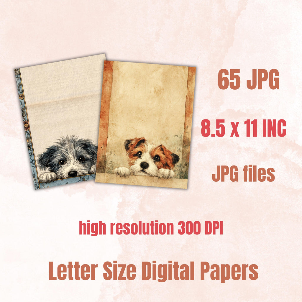 65 Peeking Dog Border Lined Pages Printable, Letter Size Cute Dog Writing Paper Stationery Commercial Use
