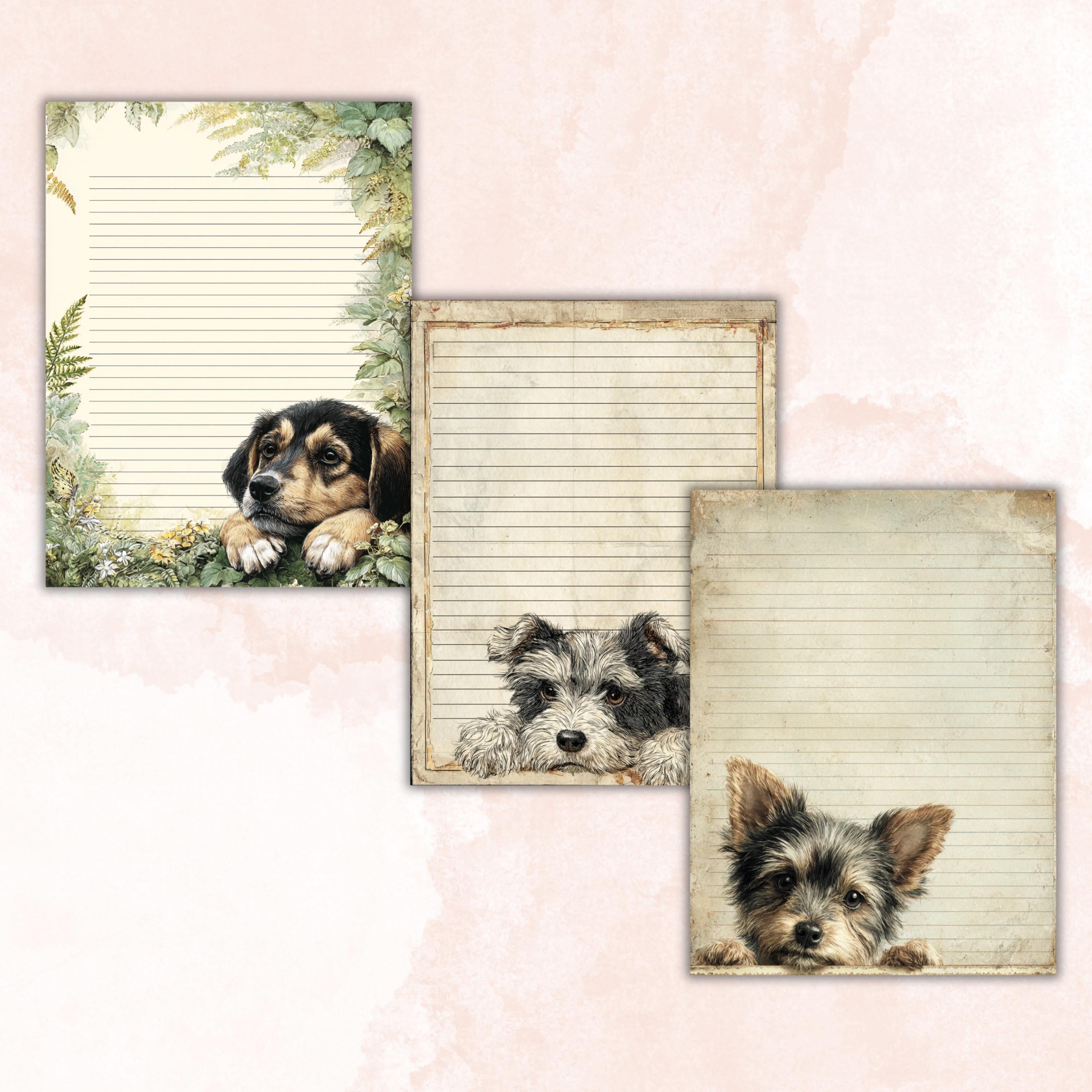 65 Peeking Dog Border Lined Pages Printable, Letter Size Cute Dog Writing Paper Stationery Commercial Use