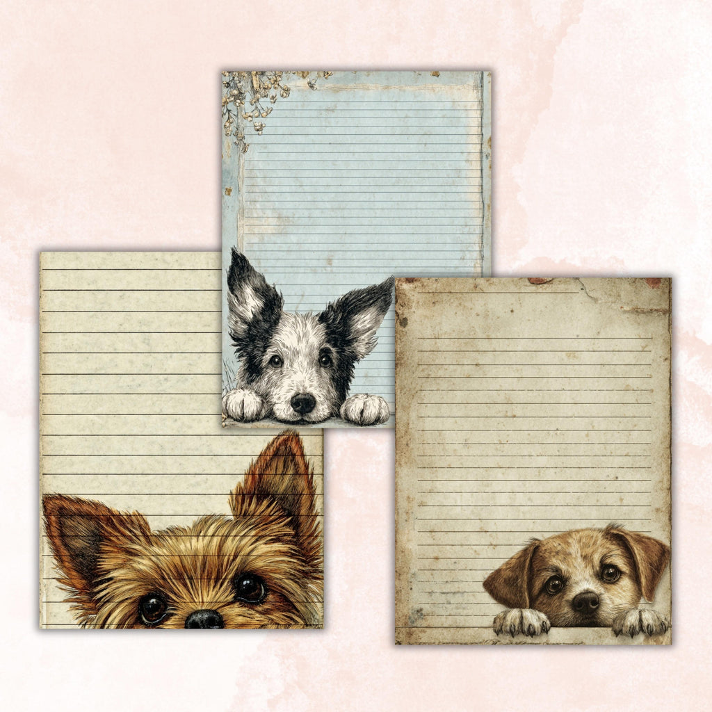 65 Peeking Dog Border Lined Pages Printable, Letter Size Cute Dog Writing Paper Stationery Commercial Use