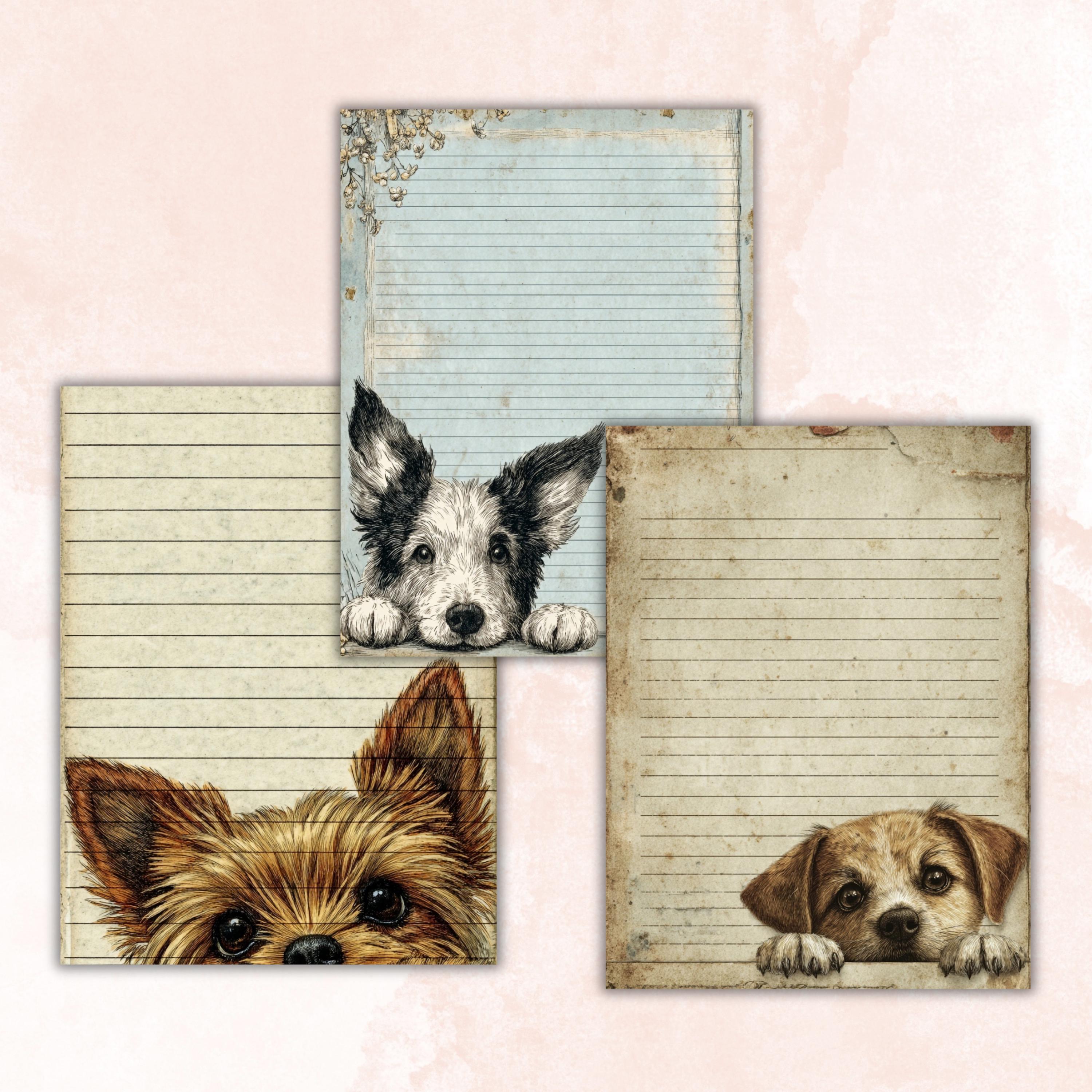 65 Peeking Dog Border Lined Pages Printable, Letter Size Cute Dog Writing Paper Stationery Commercial Use