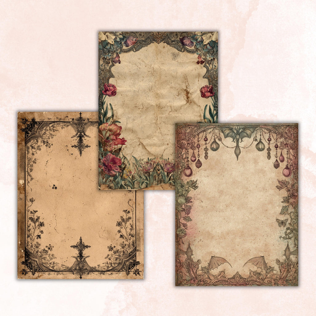 Gothic Border Junk Journal Pages, Dark Frame Backgrounds, Creepy Ephemera Collage Paper, Scrapbook Papers, Instant Printable Download