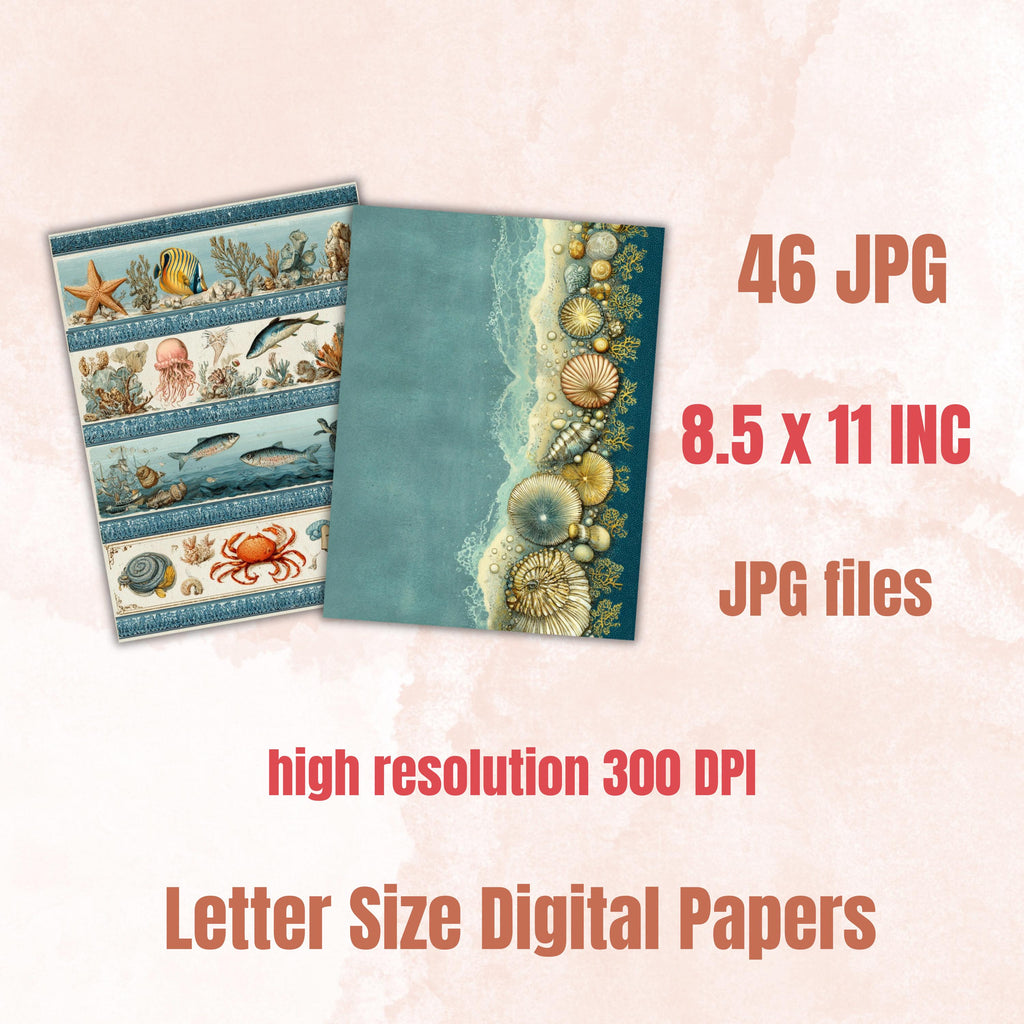 Ocean Border Junk Journal Pages, Sea Frame Backgrounds, Underwater Ephemera Collage Paper, Scrapbook Papers, Instant Printable Download