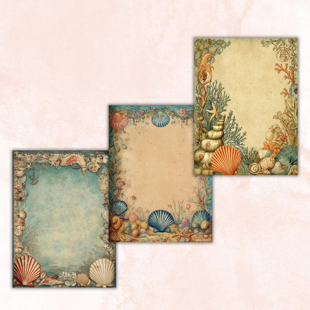 Ocean Border Junk Journal Pages, Sea Frame Backgrounds, Underwater Ephemera Collage Paper, Scrapbook Papers, Instant Printable Download