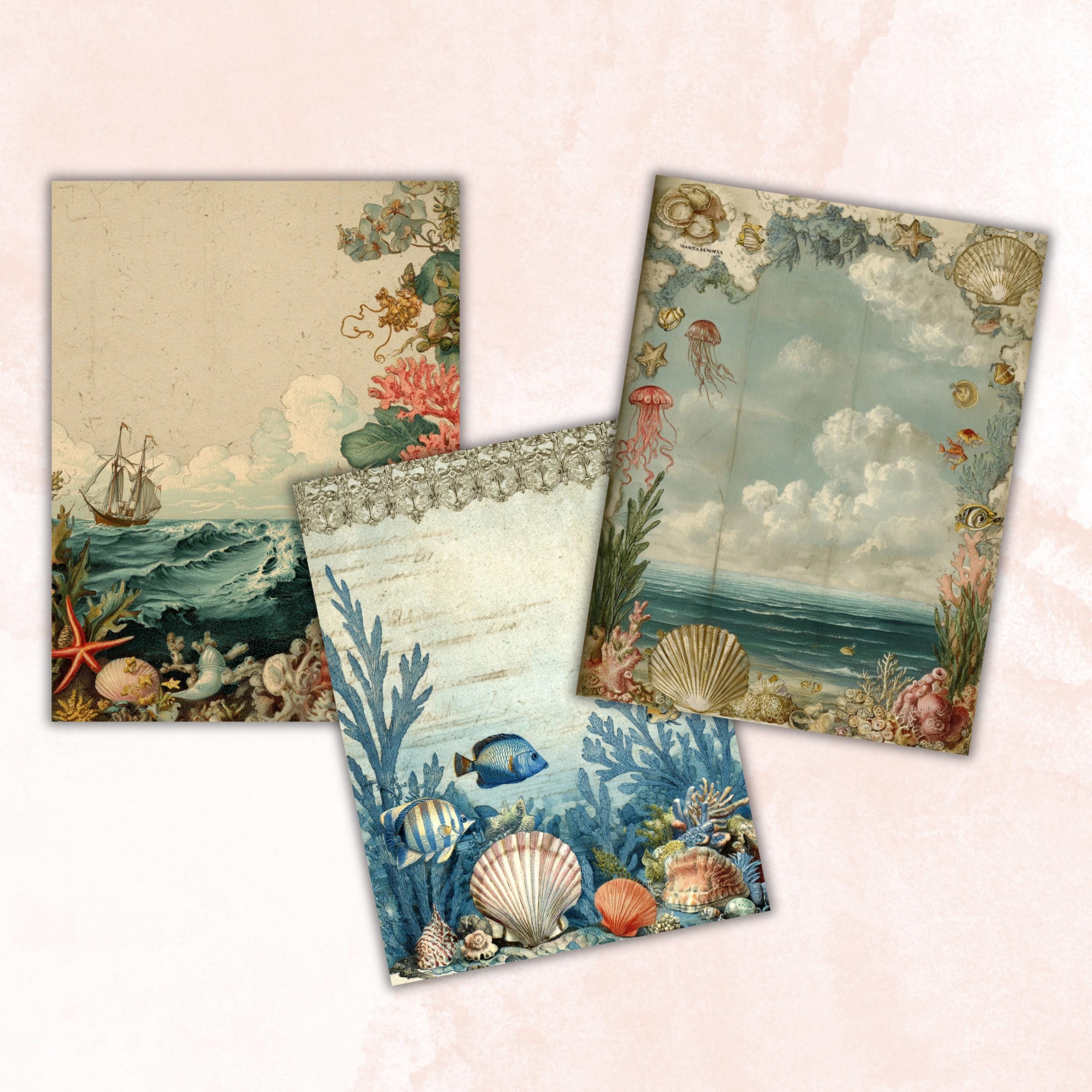 Ocean Border Junk Journal Pages, Sea Frame Backgrounds, Underwater Ephemera Collage Paper, Scrapbook Papers, Instant Printable Download