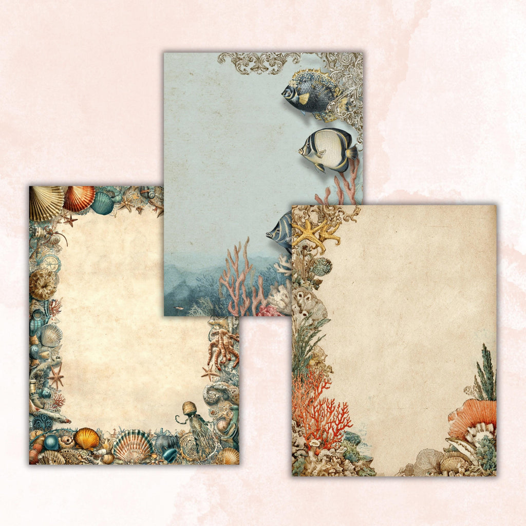 Ocean Border Junk Journal Pages, Sea Frame Backgrounds, Underwater Ephemera Collage Paper, Scrapbook Papers, Instant Printable Download
