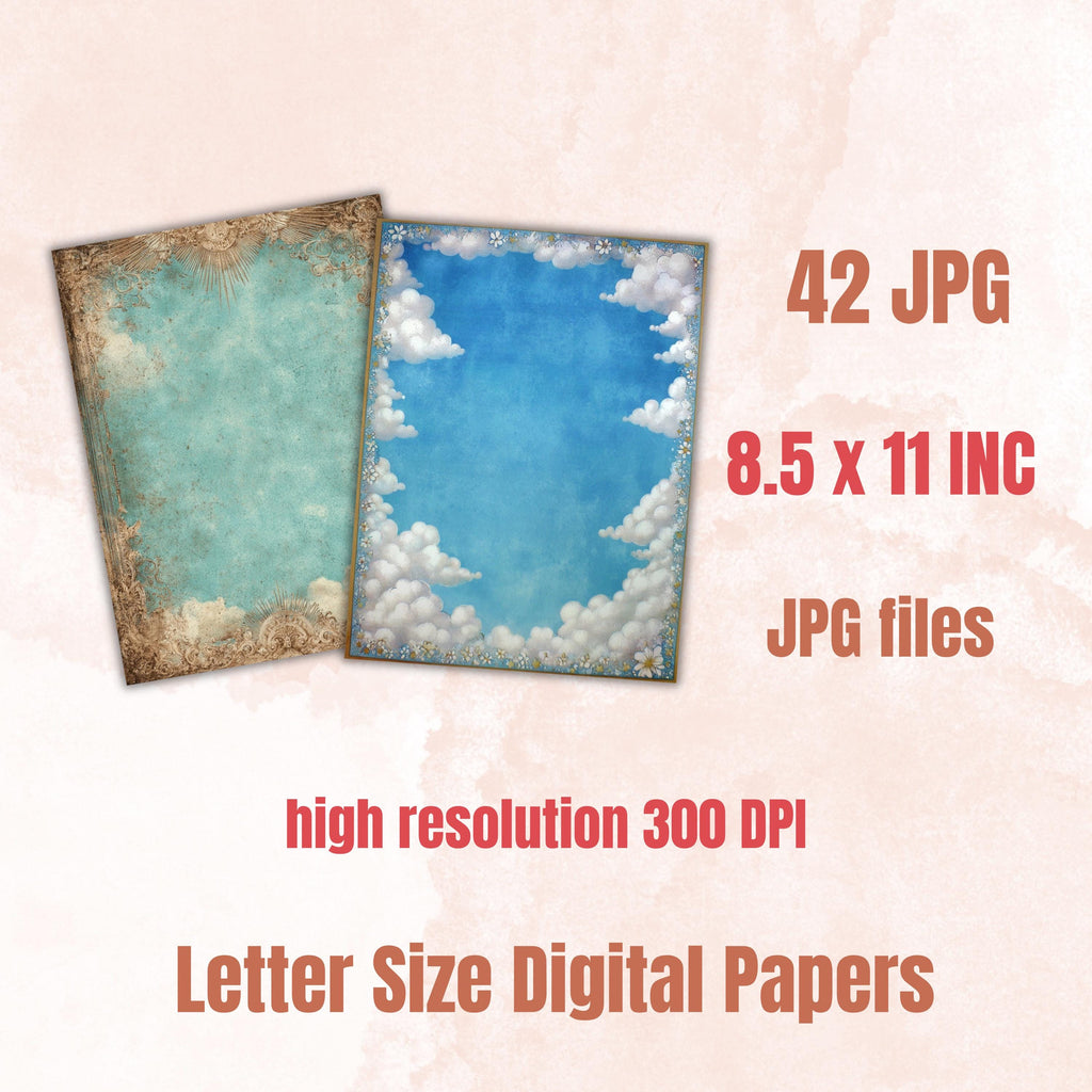 Sky Border Junk Journal Pages, Cloud Frame Backgrounds, Celestial Ephemera Collage Paper, Scrapbook Papers, Instant Printable Download