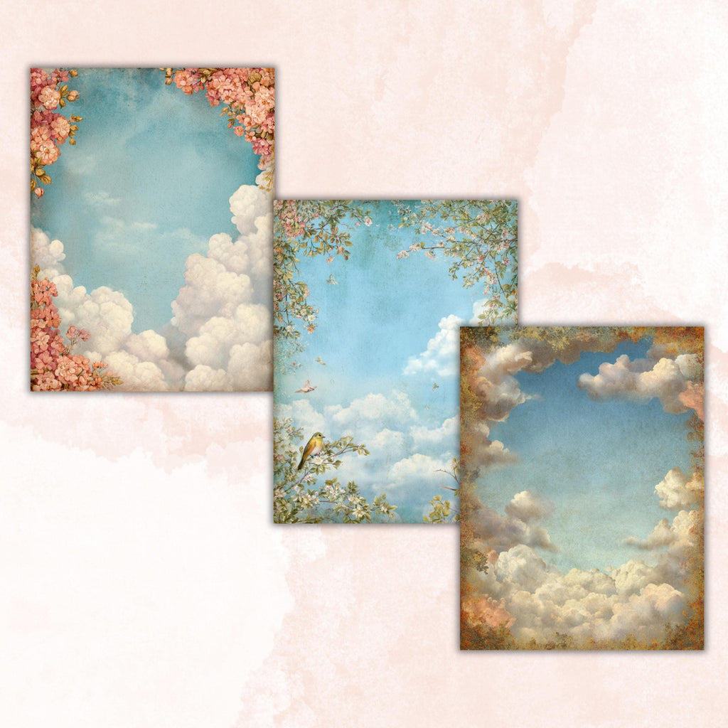 Sky Border Junk Journal Pages, Cloud Frame Backgrounds, Celestial Ephemera Collage Paper, Scrapbook Papers, Instant Printable Download
