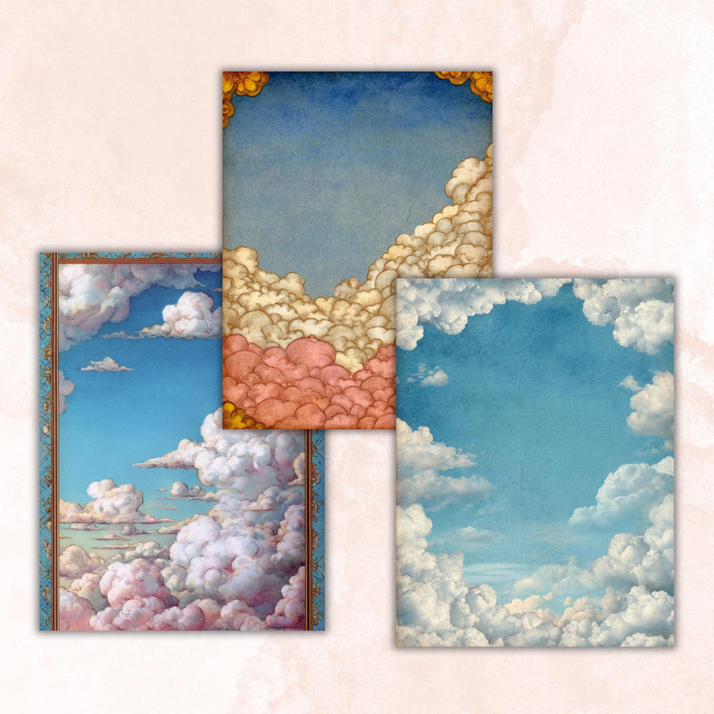 Sky Border Junk Journal Pages, Cloud Frame Backgrounds, Celestial Ephemera Collage Paper, Scrapbook Papers, Instant Printable Download