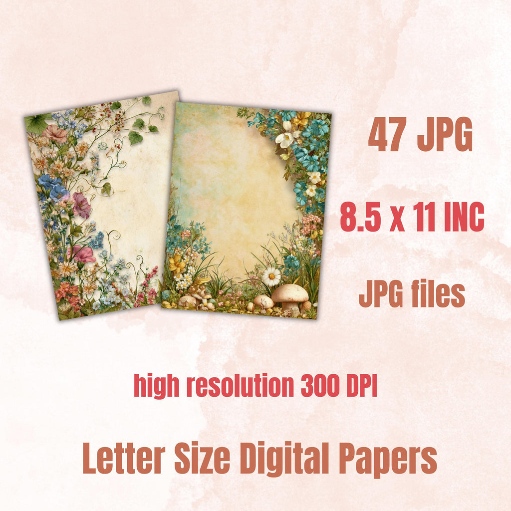 Spring Border Junk Journal Pages, Floral Easter Collage Paper, Spring Frame Backgrounds,  Garden Ephemera, Vintage Papers, Scrapbooking