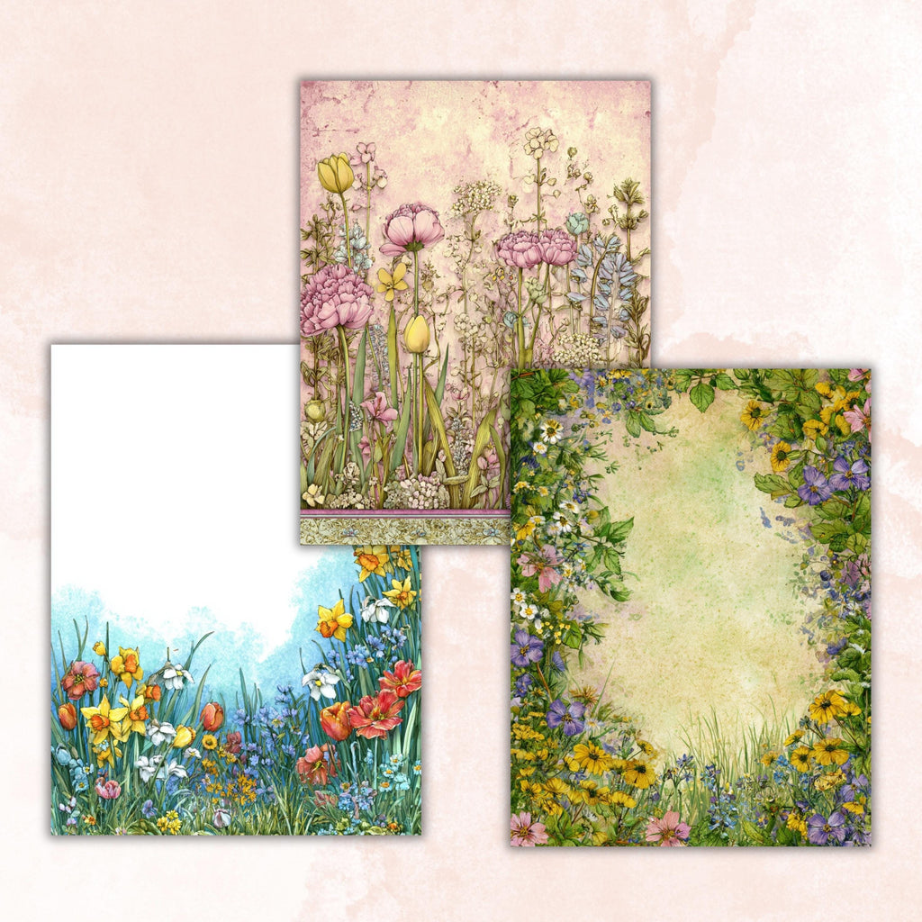 Spring Border Junk Journal Pages, Floral Easter Collage Paper, Spring Frame Backgrounds,  Garden Ephemera, Vintage Papers, Scrapbooking