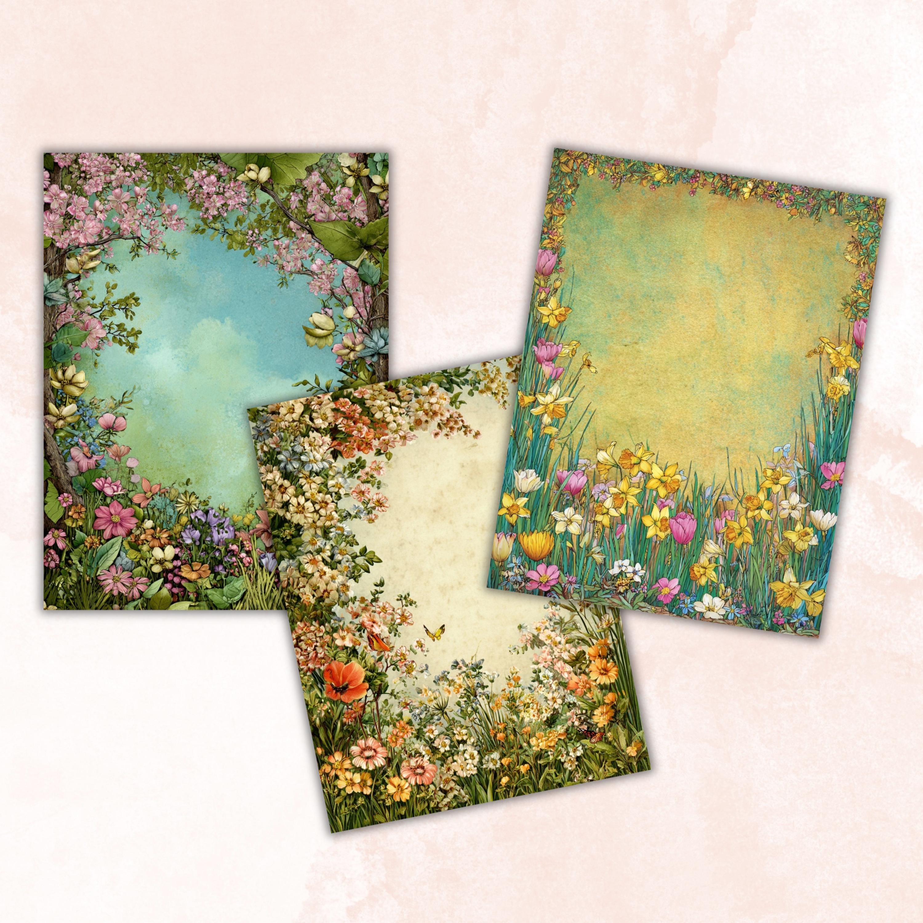Spring Border Junk Journal Pages, Floral Easter Collage Paper, Spring Frame Backgrounds,  Garden Ephemera, Vintage Papers, Scrapbooking