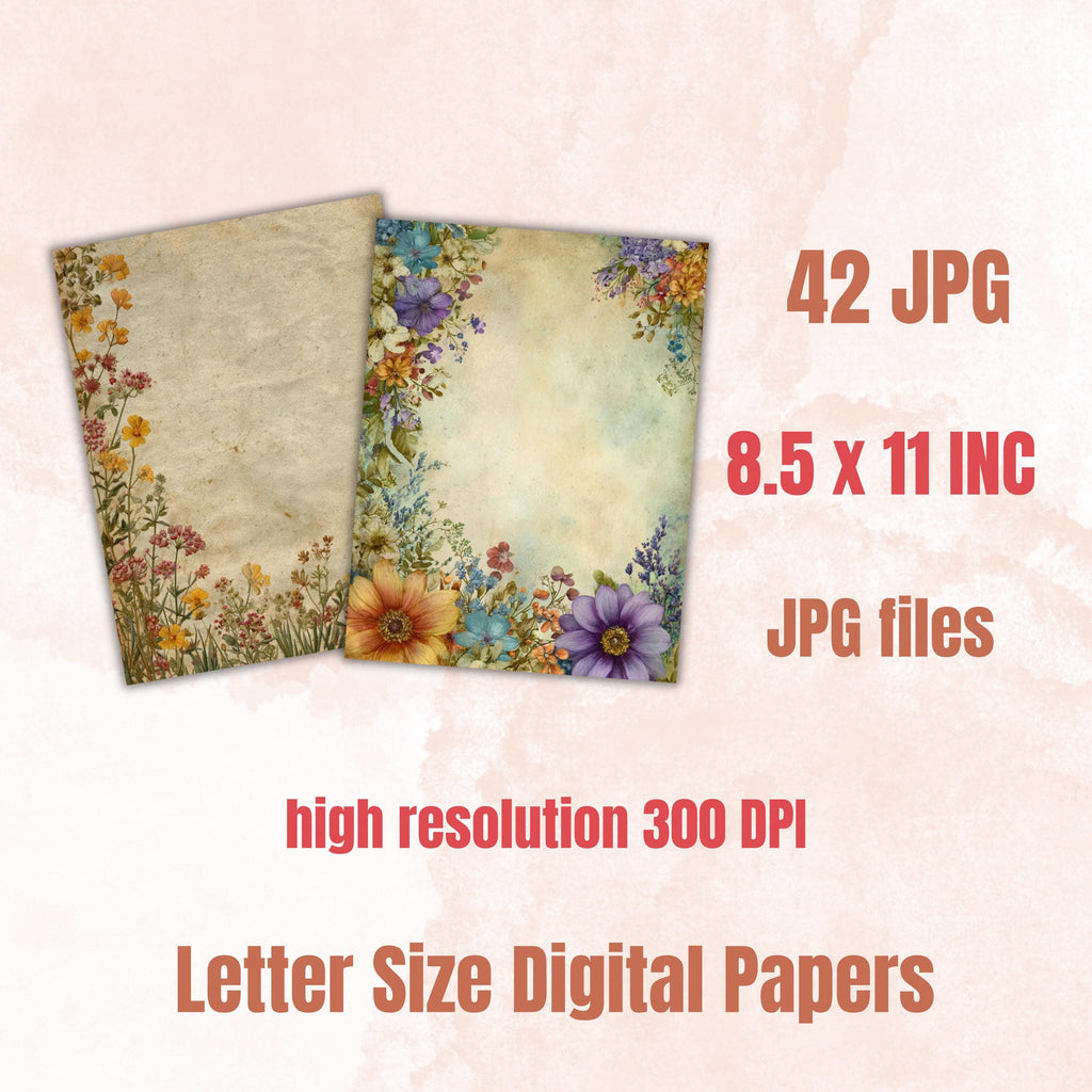 Wildflowers Border Junk Journal Pages, Floral Meadow Collage Paper, Spring Frame Backgrounds,  Garden Ephemera, Vintage Papers, Scrapbooking