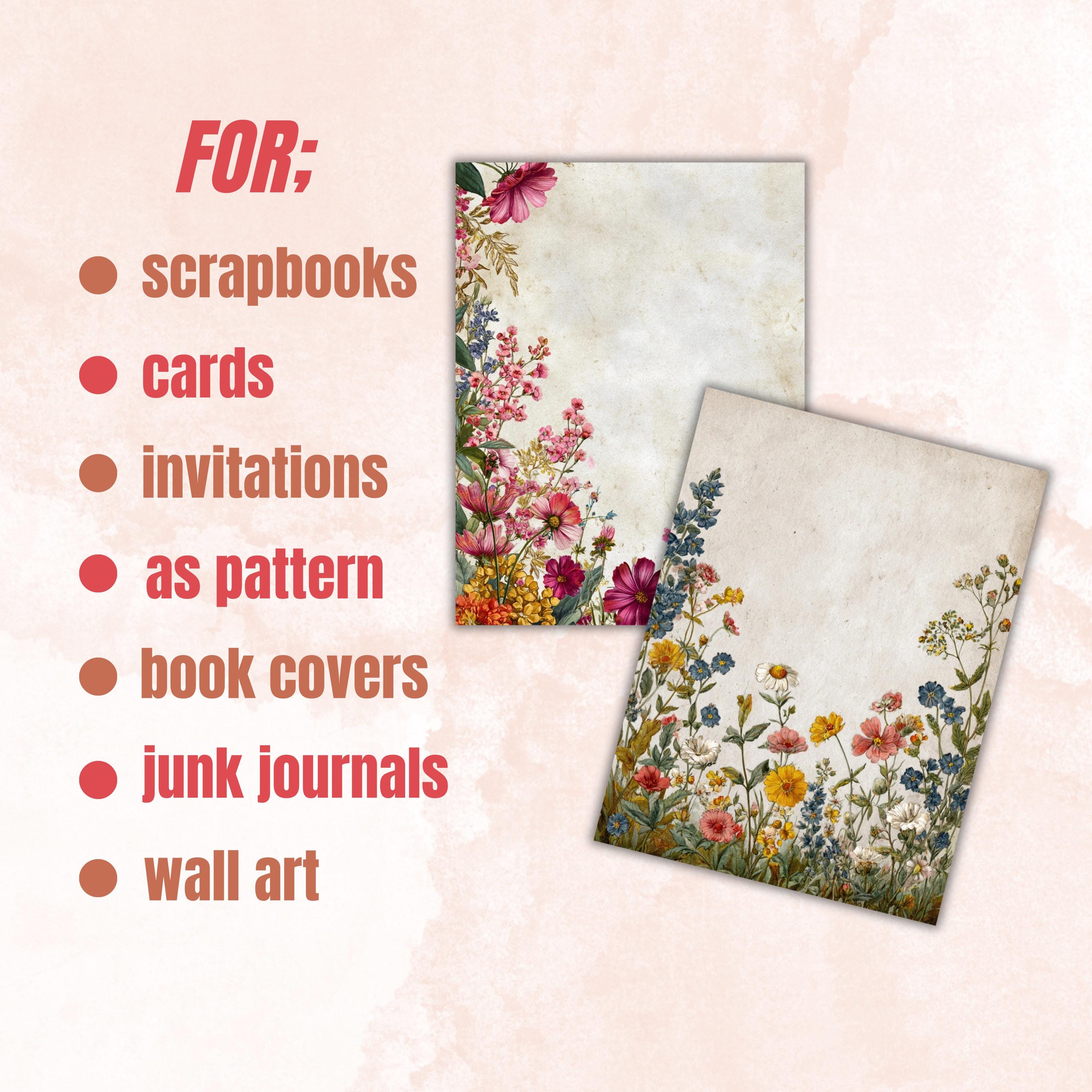 Wildflowers Border Junk Journal Pages, Floral Meadow Collage Paper, Spring Frame Backgrounds,  Garden Ephemera, Vintage Papers, Scrapbooking