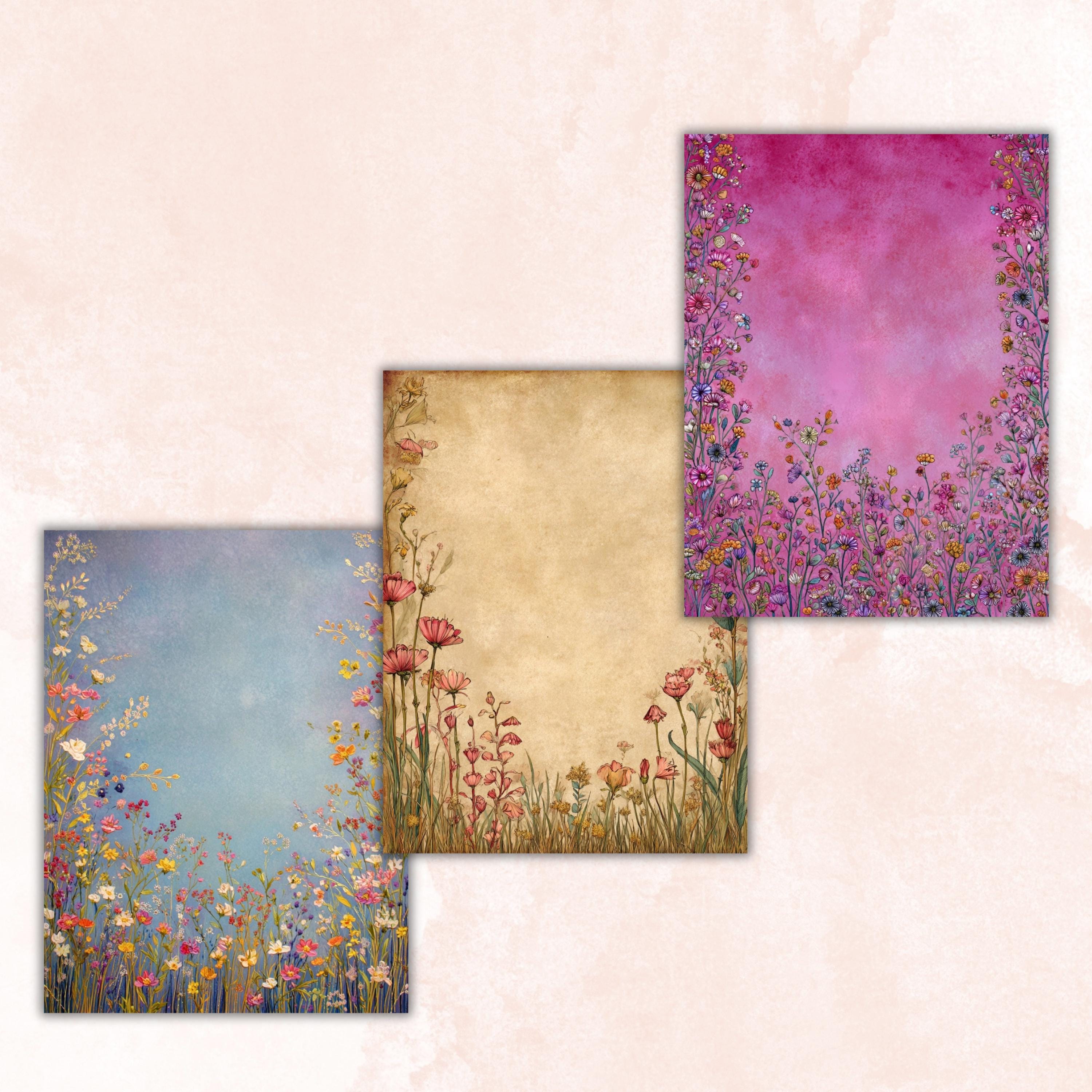 Wildflowers Border Junk Journal Pages, Floral Meadow Collage Paper, Spring Frame Backgrounds,  Garden Ephemera, Vintage Papers, Scrapbooking