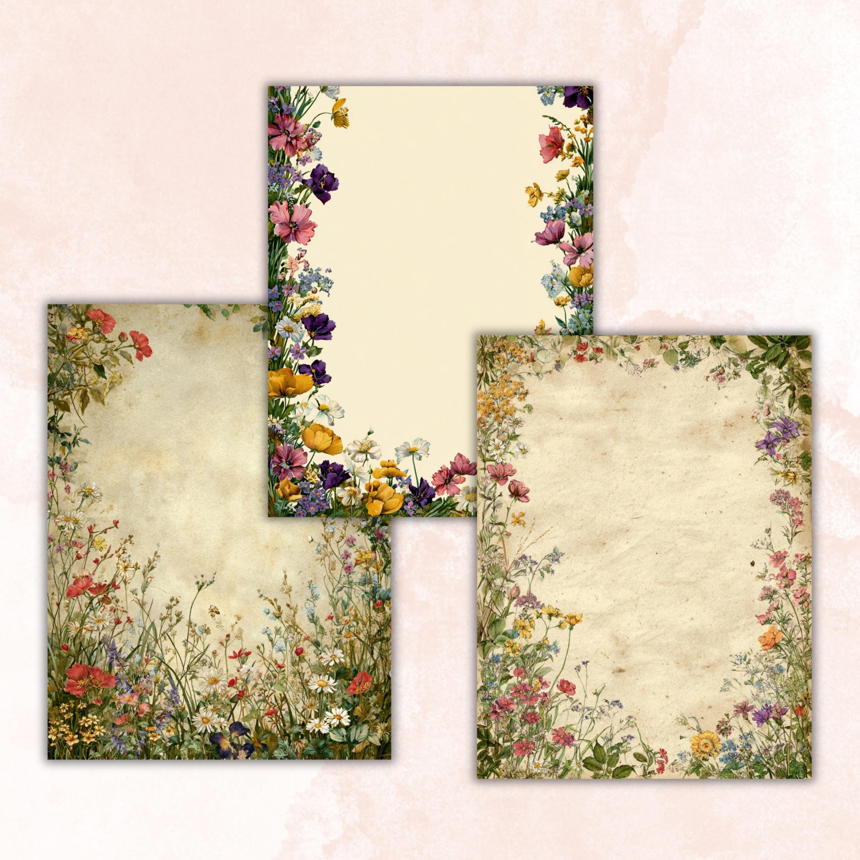 Wildflowers Border Junk Journal Pages, Floral Meadow Collage Paper, Spring Frame Backgrounds,  Garden Ephemera, Vintage Papers, Scrapbooking