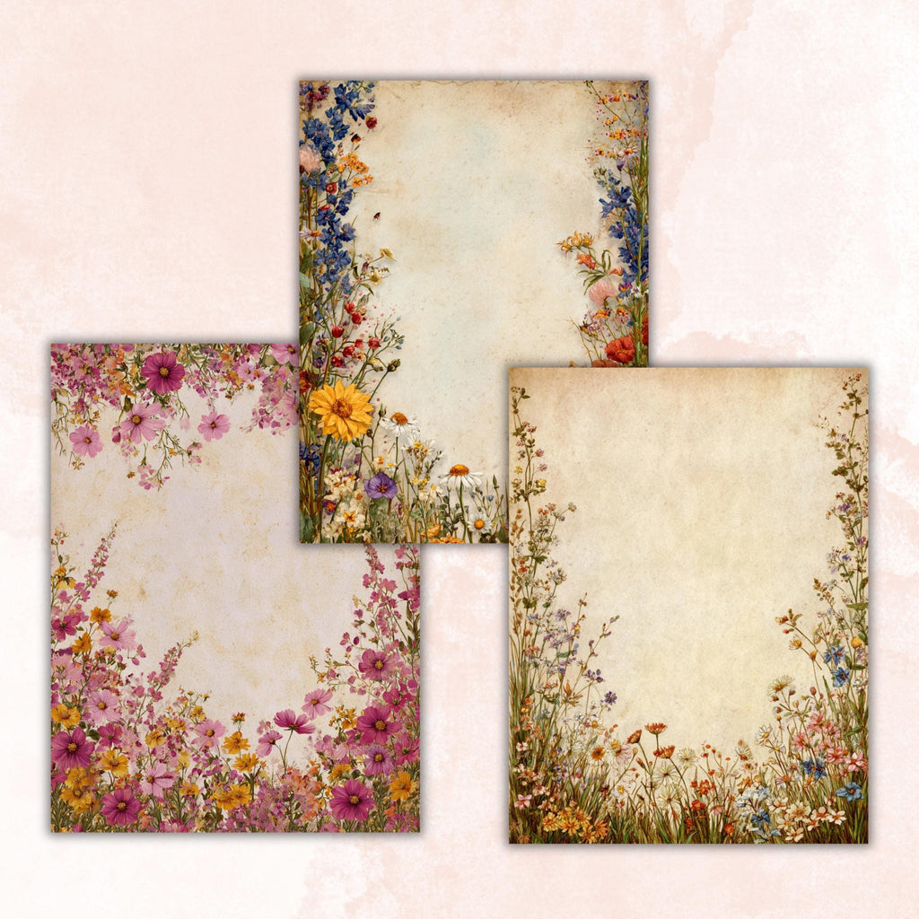Wildflowers Border Junk Journal Pages, Floral Meadow Collage Paper, Spring Frame Backgrounds,  Garden Ephemera, Vintage Papers, Scrapbooking