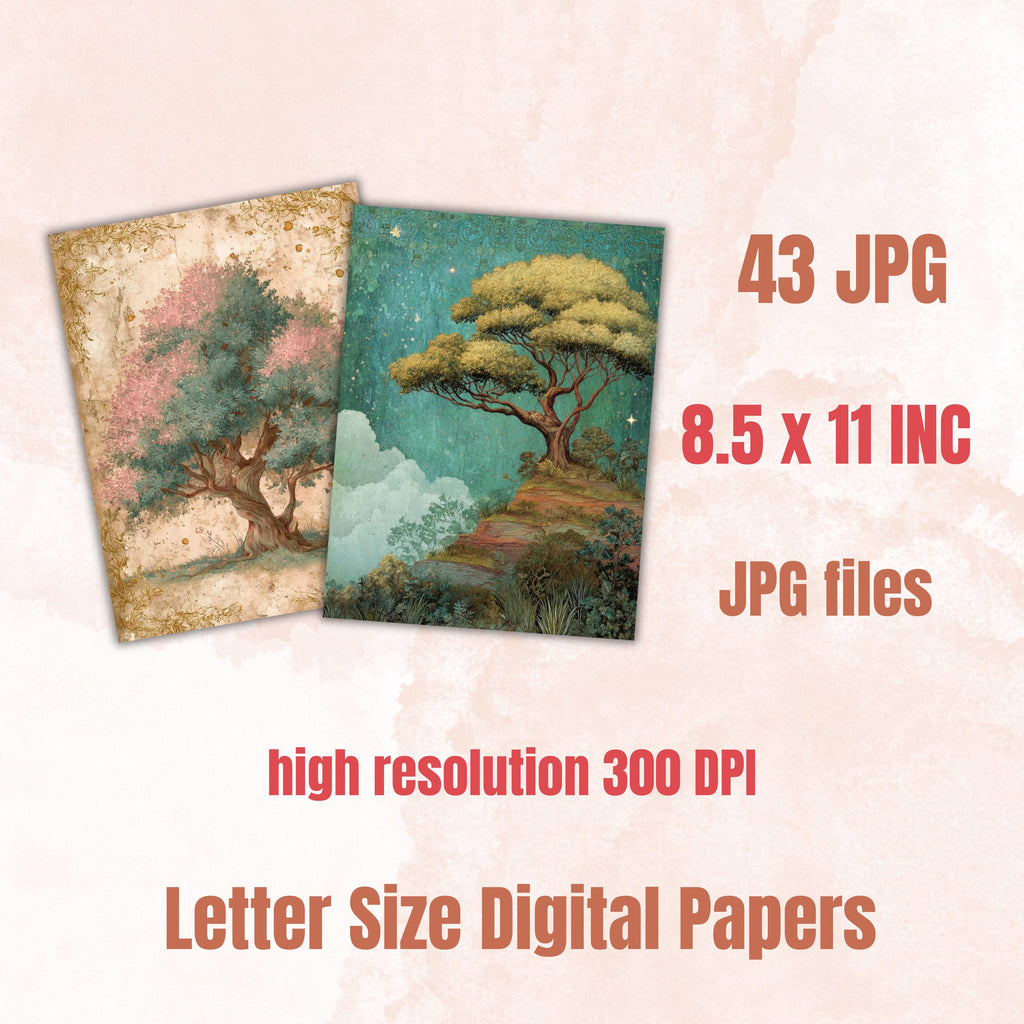 Magical Tree Junk Journal Pages, Enchanted Forest Backgrounds, Woodland Ephemera Collage Paper, Scrapbooking, Instant Printable Download
