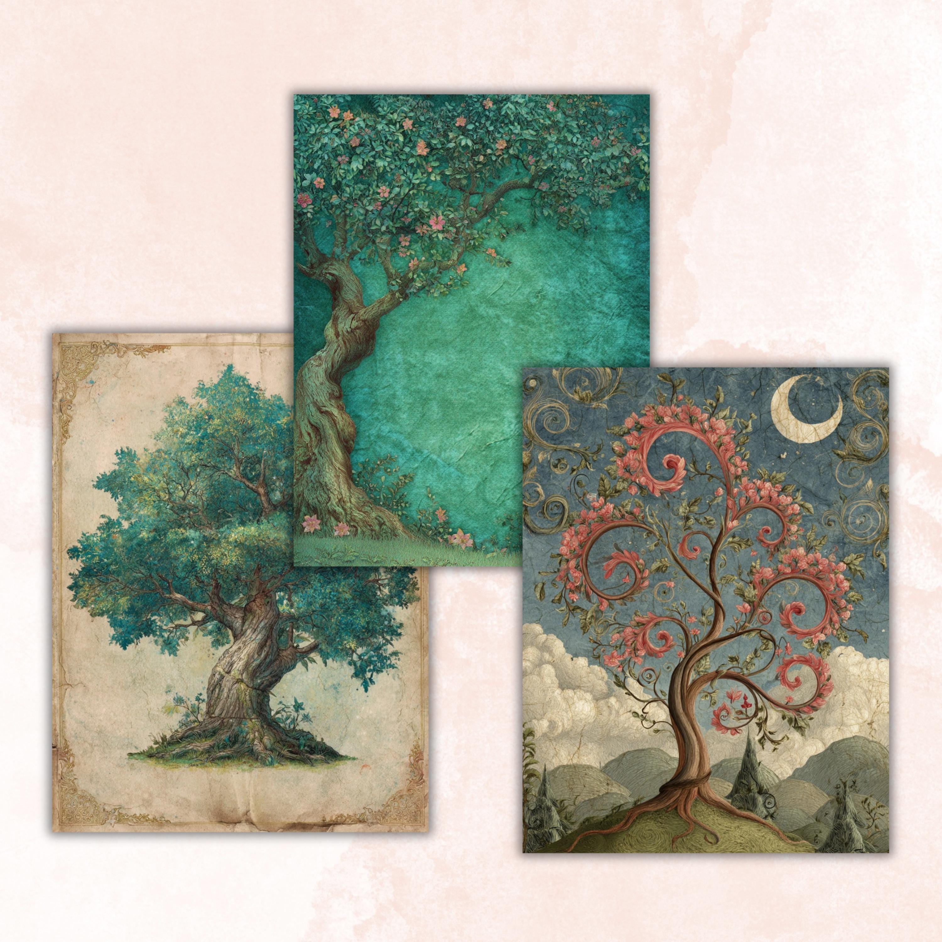 Magical Tree Junk Journal Pages, Enchanted Forest Backgrounds, Woodland Ephemera Collage Paper, Scrapbooking, Instant Printable Download