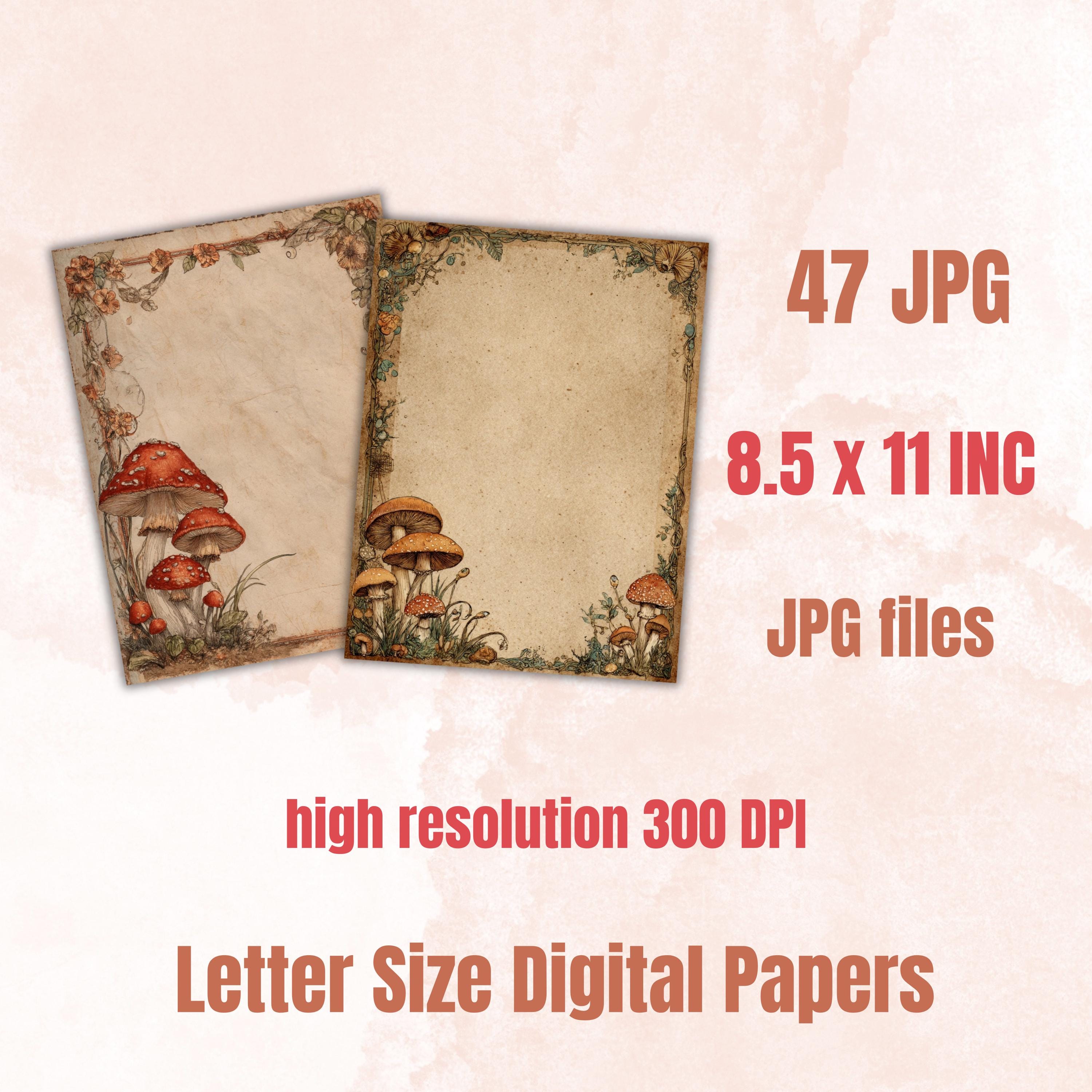 Mushroom Border Junk Journal Pages, Forest Frame Collage Paper, Fantasy Woodland Backgrounds, Garden Ephemera, Vintage Papers, Scrapbooking