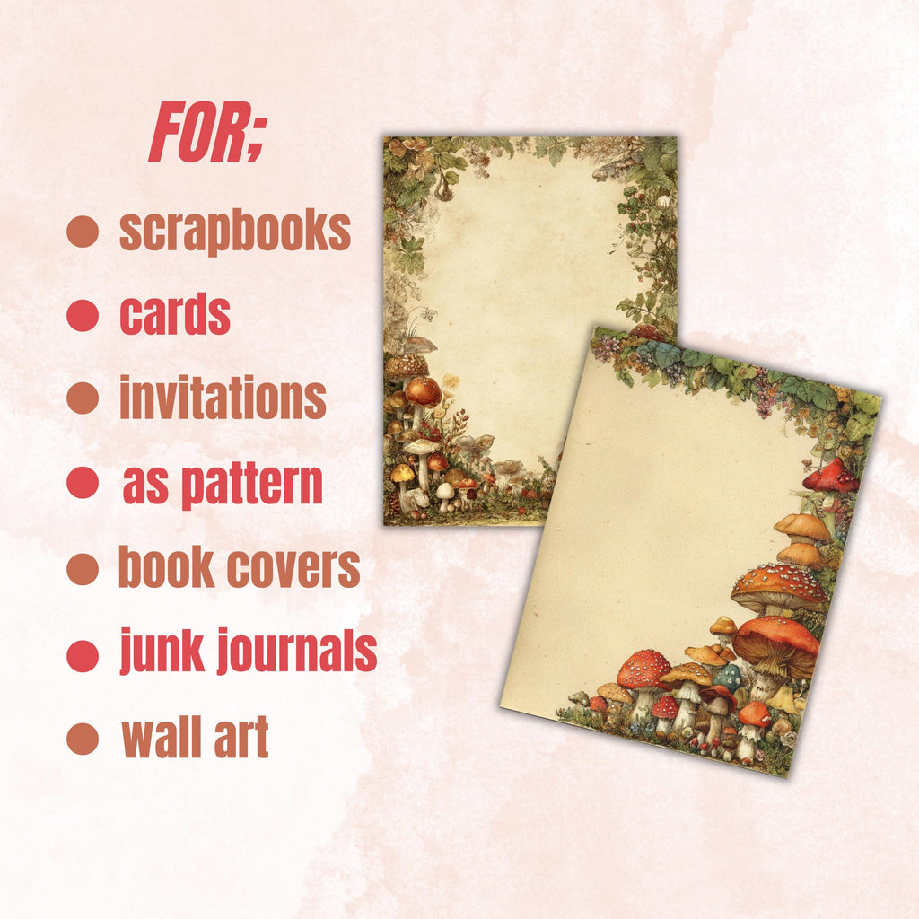 Mushroom Border Junk Journal Pages, Forest Frame Collage Paper, Fantasy Woodland Backgrounds, Garden Ephemera, Vintage Papers, Scrapbooking