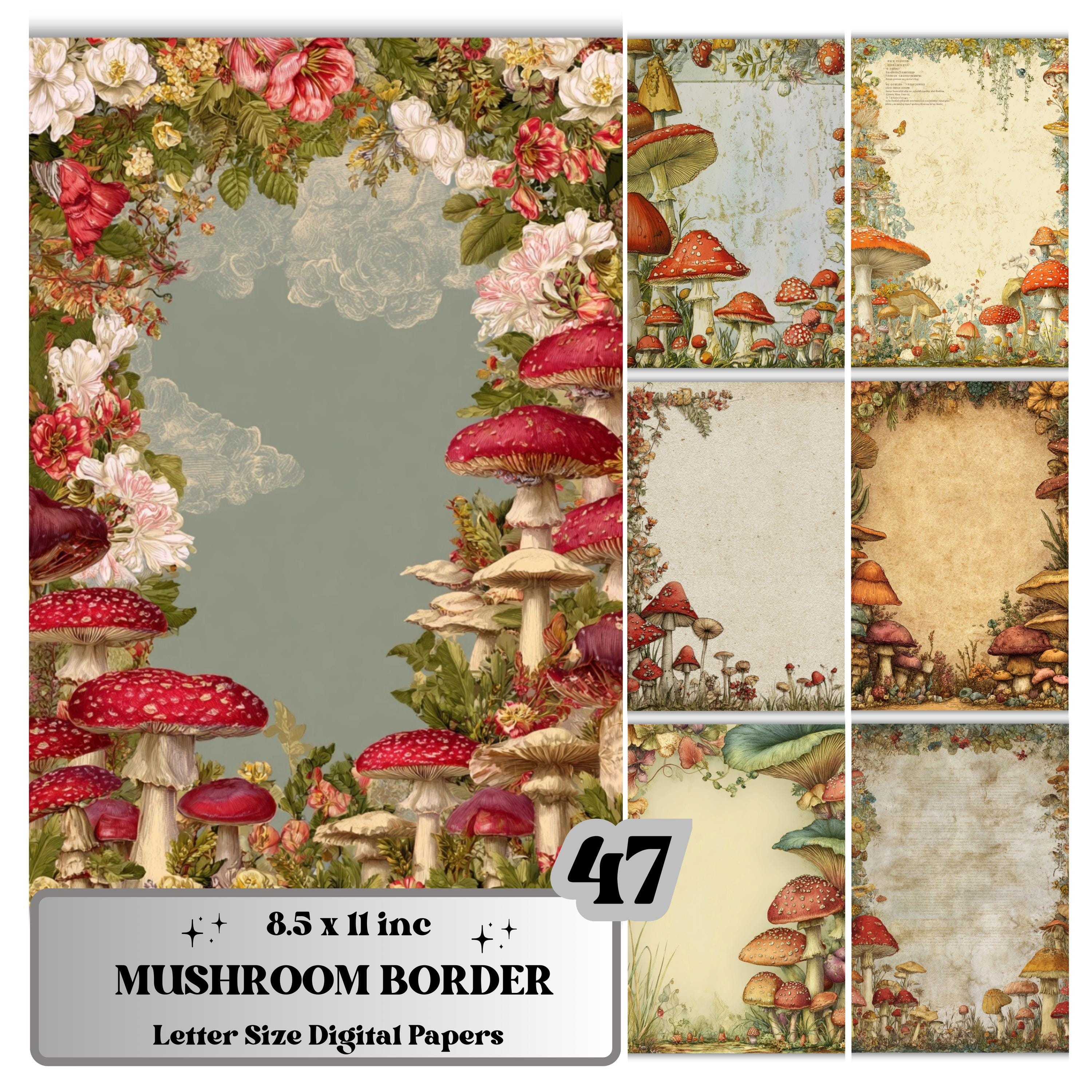 Mushroom Border Junk Journal Pages, Forest Frame Collage Paper, Fantasy Woodland Backgrounds, Garden Ephemera, Vintage Papers, Scrapbooking