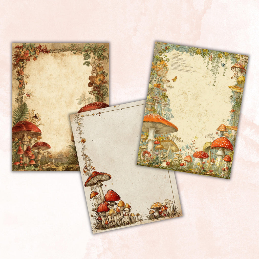Mushroom Border Junk Journal Pages, Forest Frame Collage Paper, Fantasy Woodland Backgrounds, Garden Ephemera, Vintage Papers, Scrapbooking