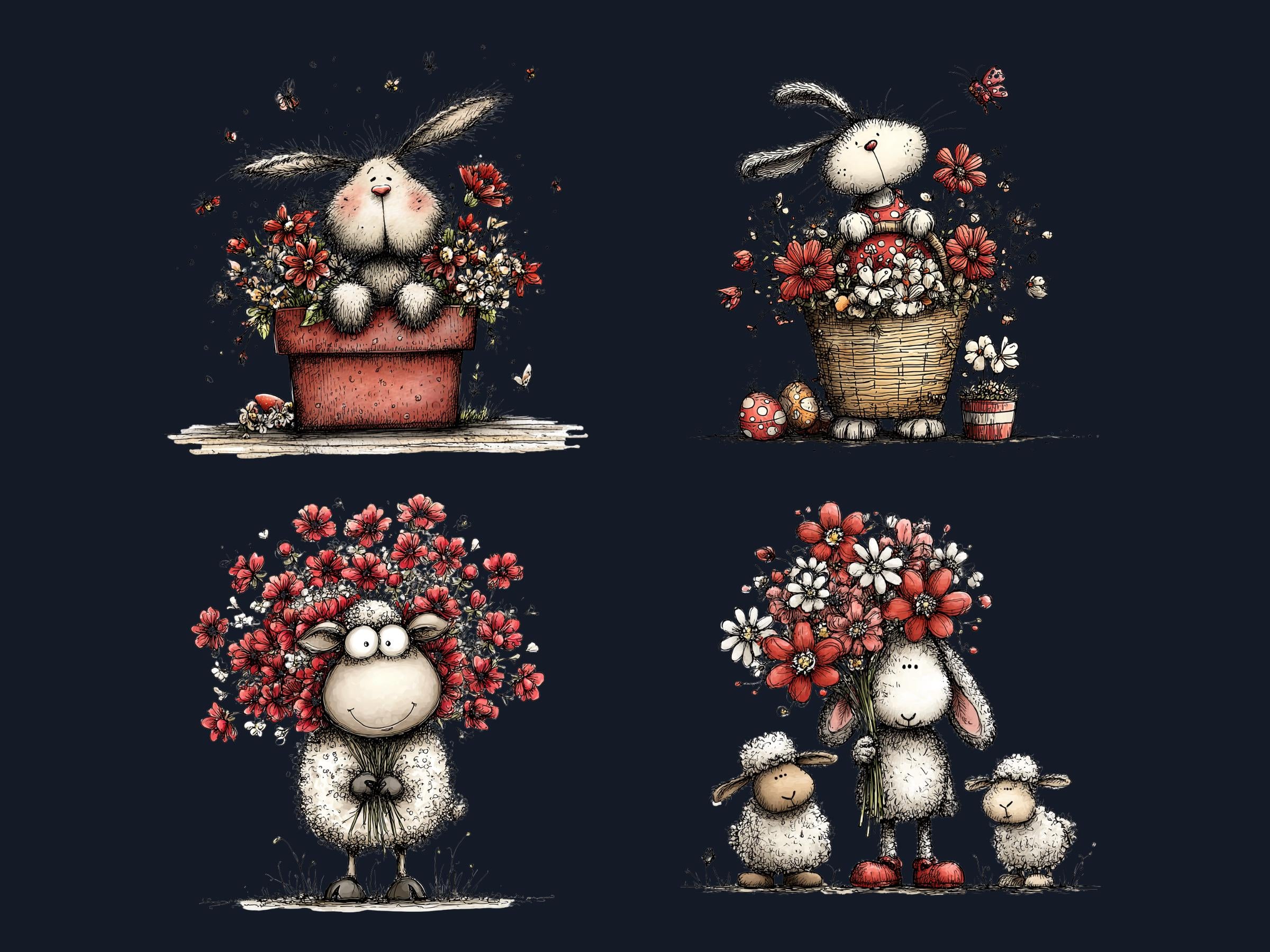 Whimsical Red Easter Clipart Bundle, Quirky Floral Spring Bunny PNG Illustrations (Digital Download, Commercial Use)