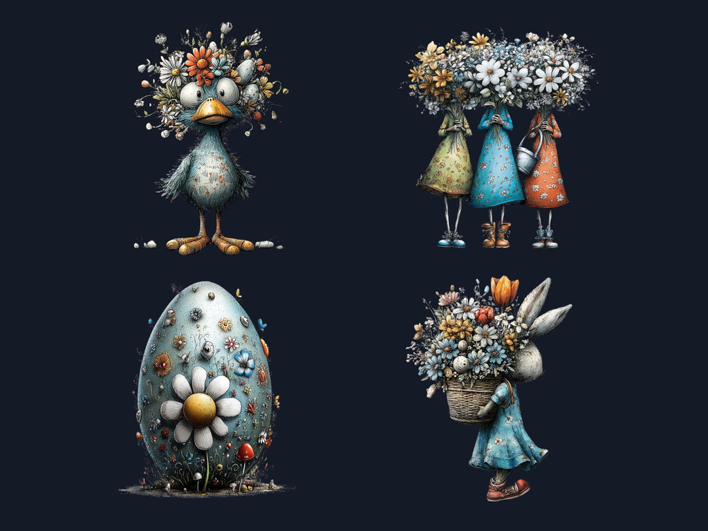 Quirky Easter Blues Clipart Bundle, Whimsical Spring Bunny PNG Illustrations (Digital Download, Commercial Use)
