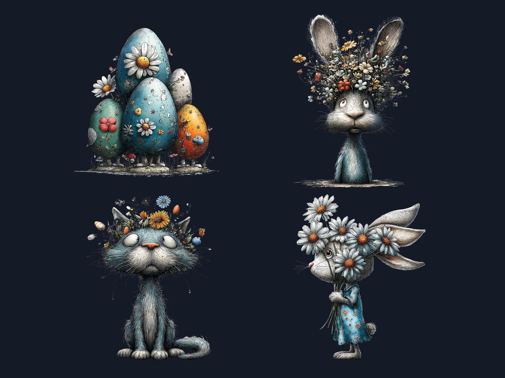 Quirky Easter Blues Clipart Bundle, Whimsical Spring Bunny PNG Illustrations (Digital Download, Commercial Use)