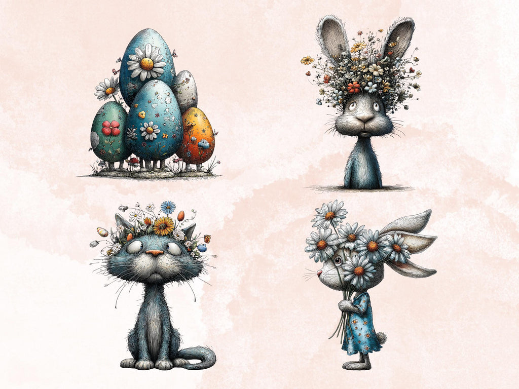 Quirky Easter Blues Clipart Bundle, Whimsical Spring Bunny PNG Illustrations (Digital Download, Commercial Use)