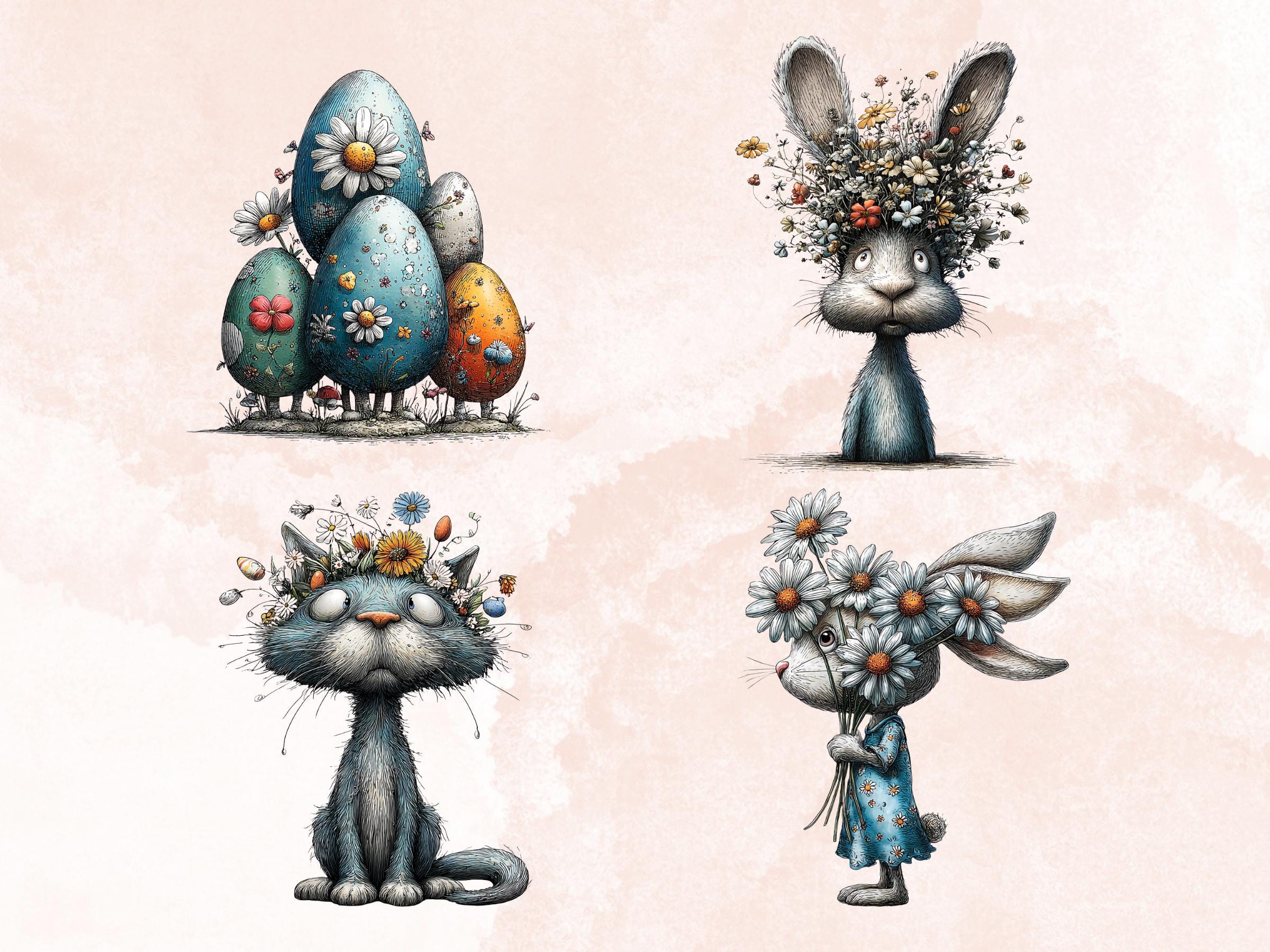 Quirky Easter Blues Clipart Bundle, Whimsical Spring Bunny PNG Illustrations (Digital Download, Commercial Use)