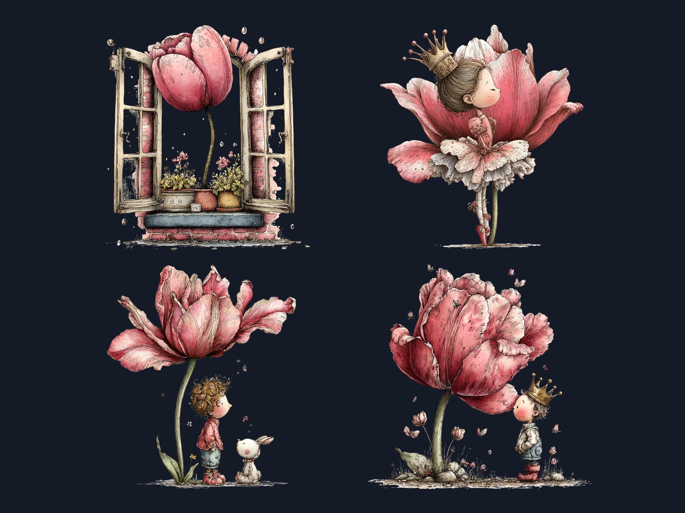 Whimsical Tulip Tales Clipart Bundle, Quirky Spring Easter Flowers PNG Illustrations (Digital Download, Commercial Use)