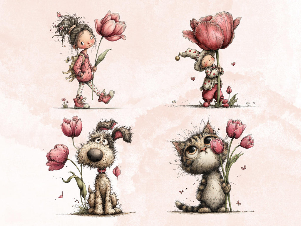 Whimsical Tulip Tales Clipart Bundle, Quirky Spring Easter Flowers PNG Illustrations (Digital Download, Commercial Use)