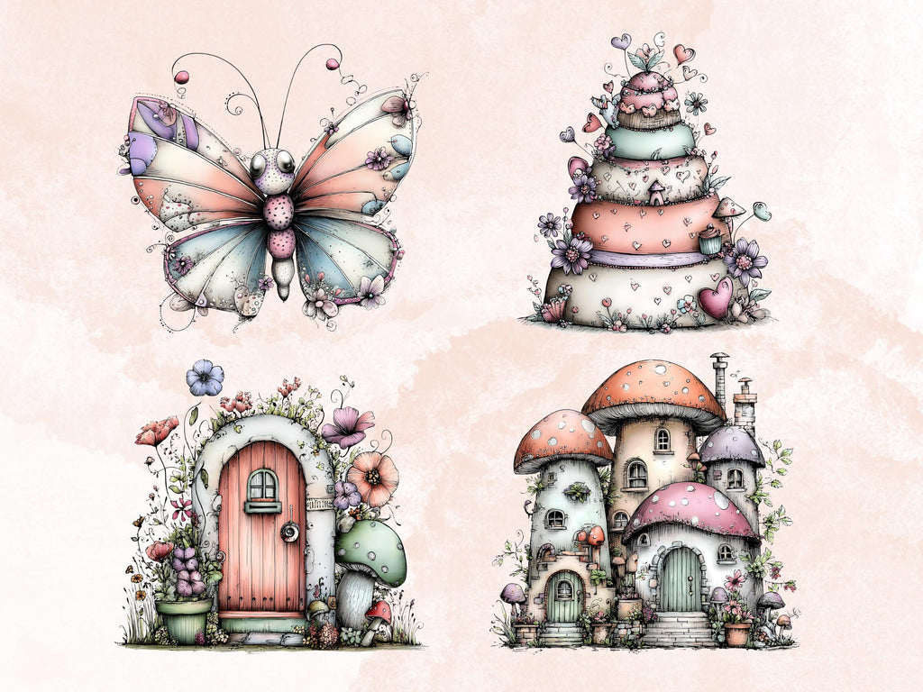 Whimsical Fairycore Clipart Bundle, Quirky Fairy Garden PNG Illustrations (Digital Download, Commercial Use)