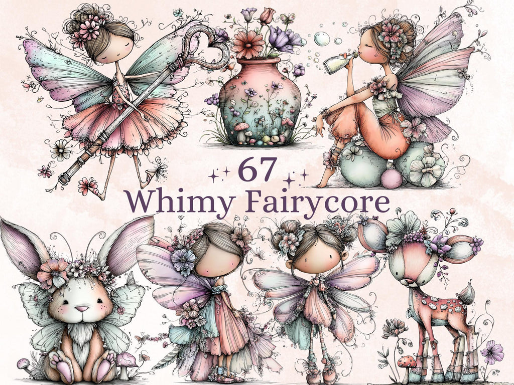 Whimsical Fairycore Clipart Bundle, Quirky Fairy Garden PNG Illustrations (Digital Download, Commercial Use)