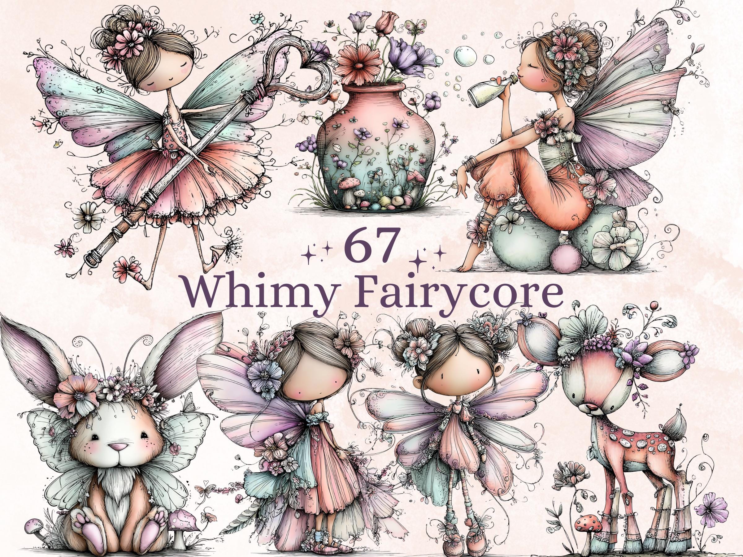 Whimsical Fairycore Clipart Bundle, Quirky Fairy Garden PNG Illustrations (Digital Download, Commercial Use)