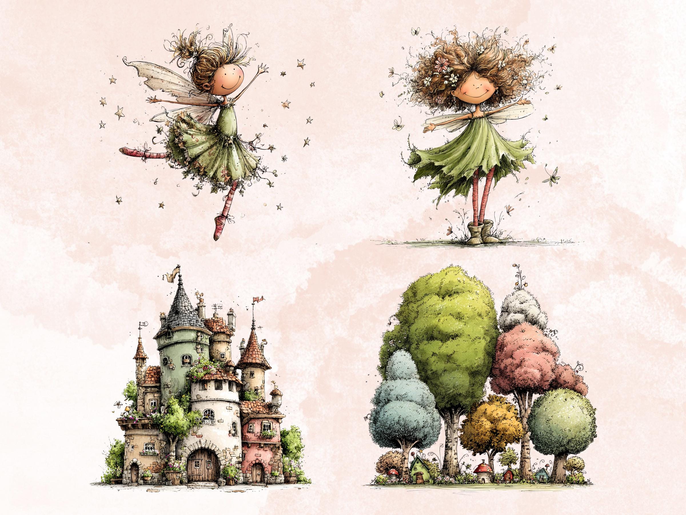 Spring Forest Clipart Bundle, Whimsical Quirky Woodland PNG Illustrations (Digital Download, Commercial Use)