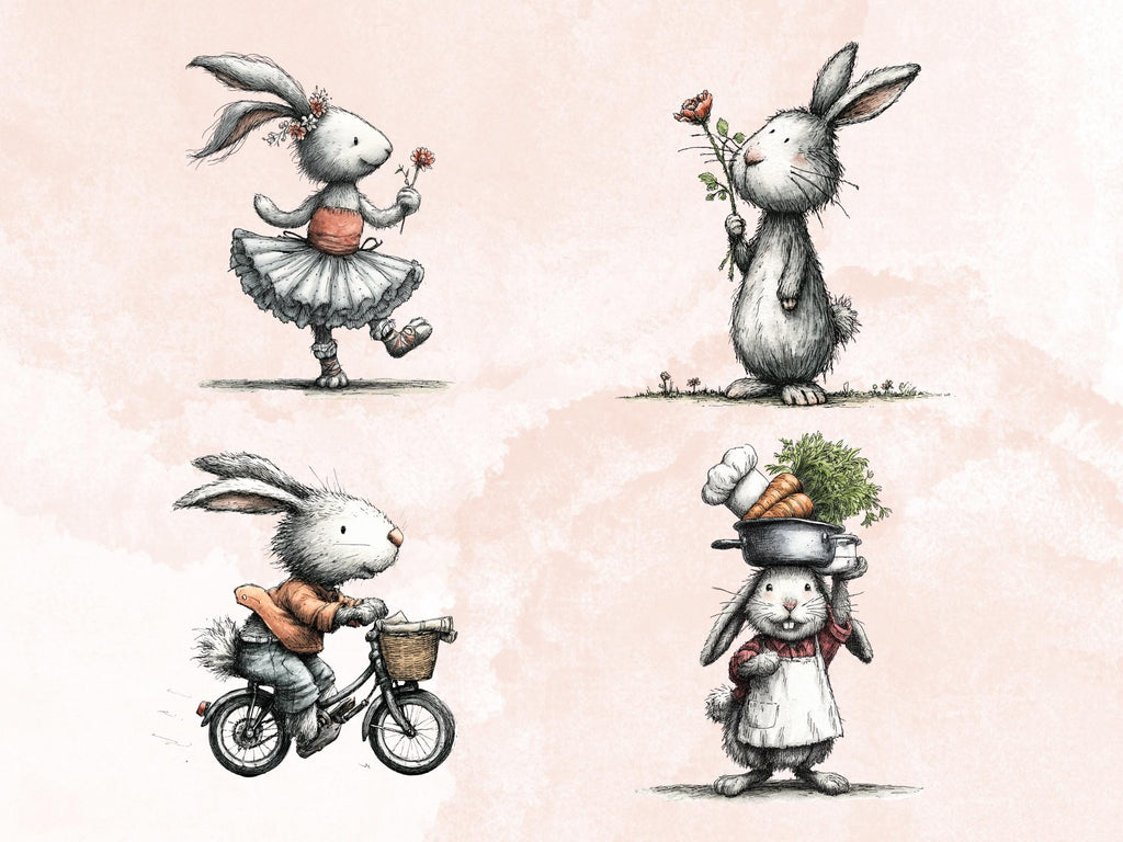 Whimsical Bunny Tales Clipart Bundle, Quirky Storybook Rabbit PNG Illustrations (Digital Download, Commercial Use)