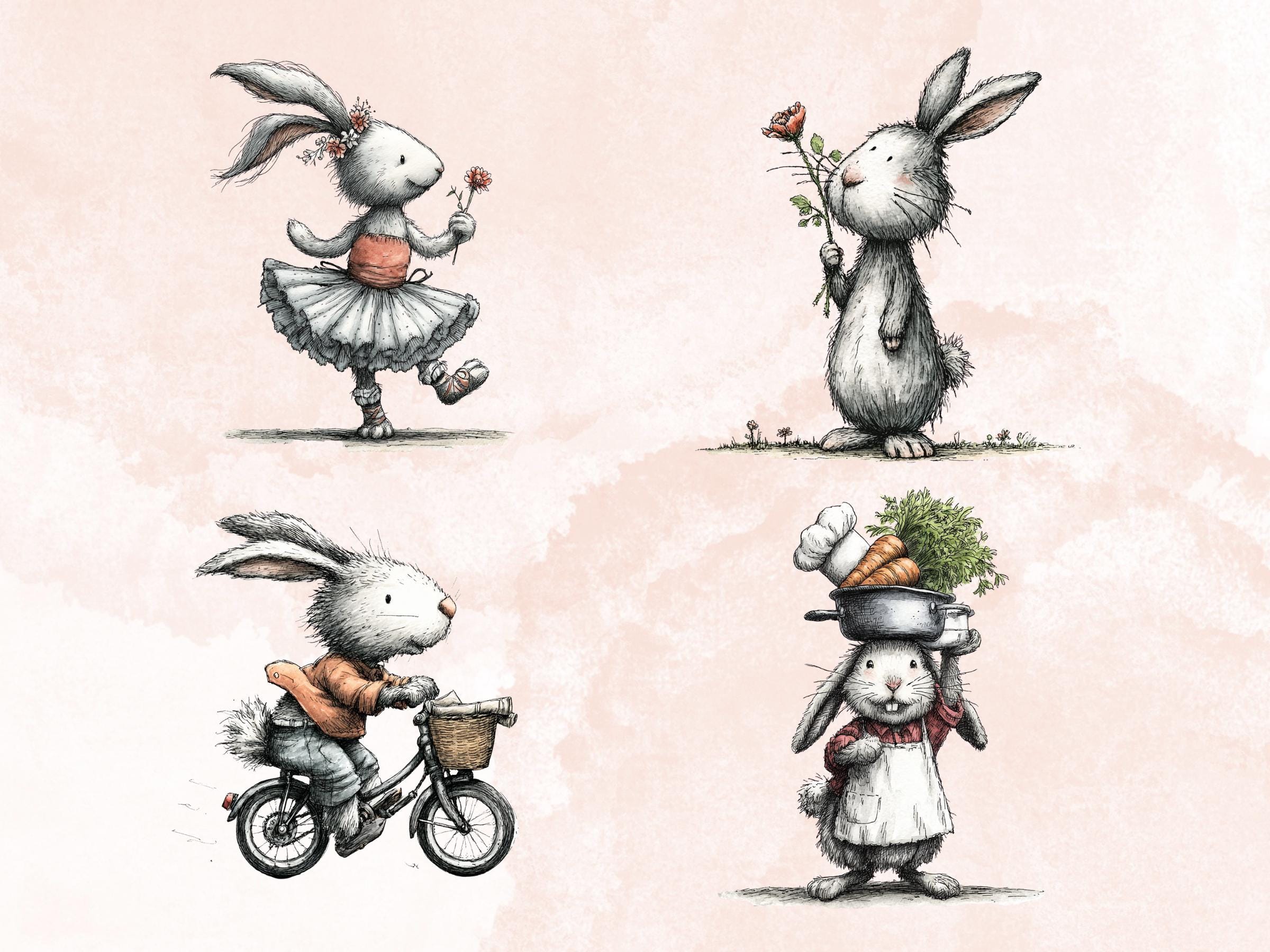 Whimsical Bunny Tales Clipart Bundle, Quirky Storybook Rabbit PNG Illustrations (Digital Download, Commercial Use)