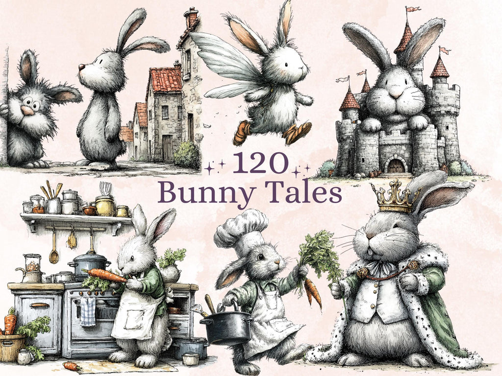 Whimsical Bunny Tales Clipart Bundle, Quirky Storybook Rabbit PNG Illustrations (Digital Download, Commercial Use)