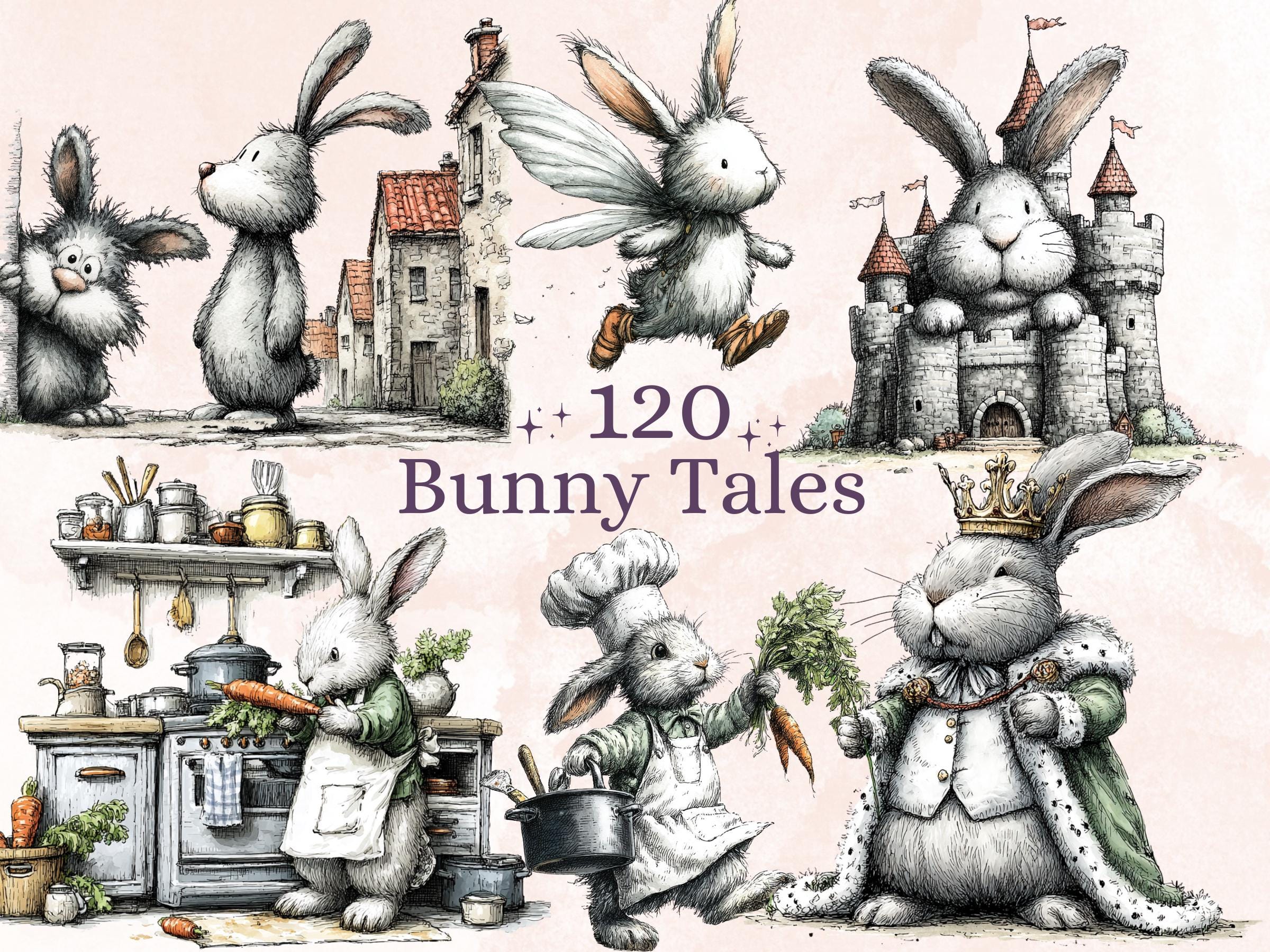 Whimsical Bunny Tales Clipart Bundle, Quirky Storybook Rabbit PNG Illustrations (Digital Download, Commercial Use)