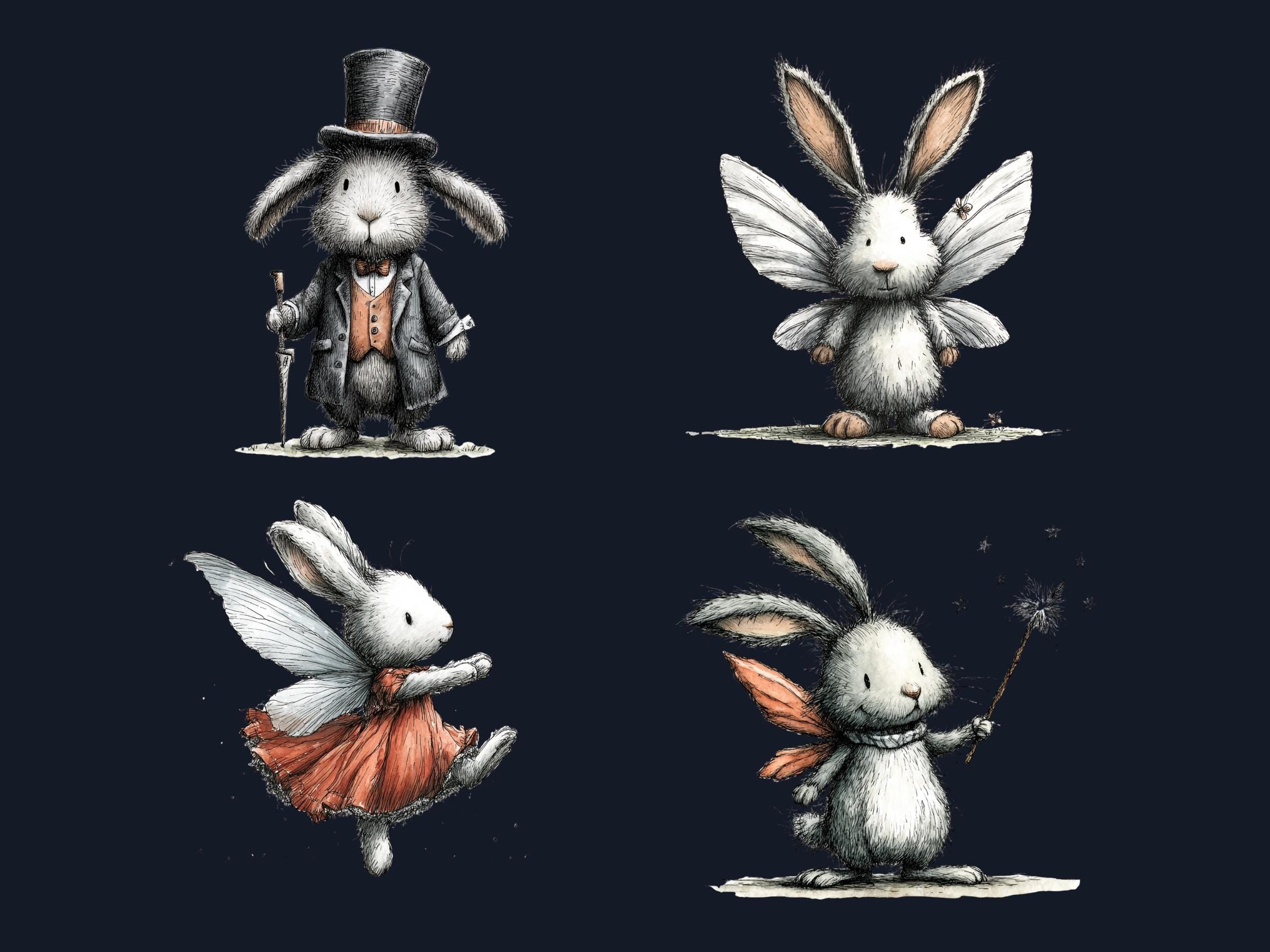 Whimsical Bunny Tales Clipart Bundle, Quirky Storybook Rabbit PNG Illustrations (Digital Download, Commercial Use)