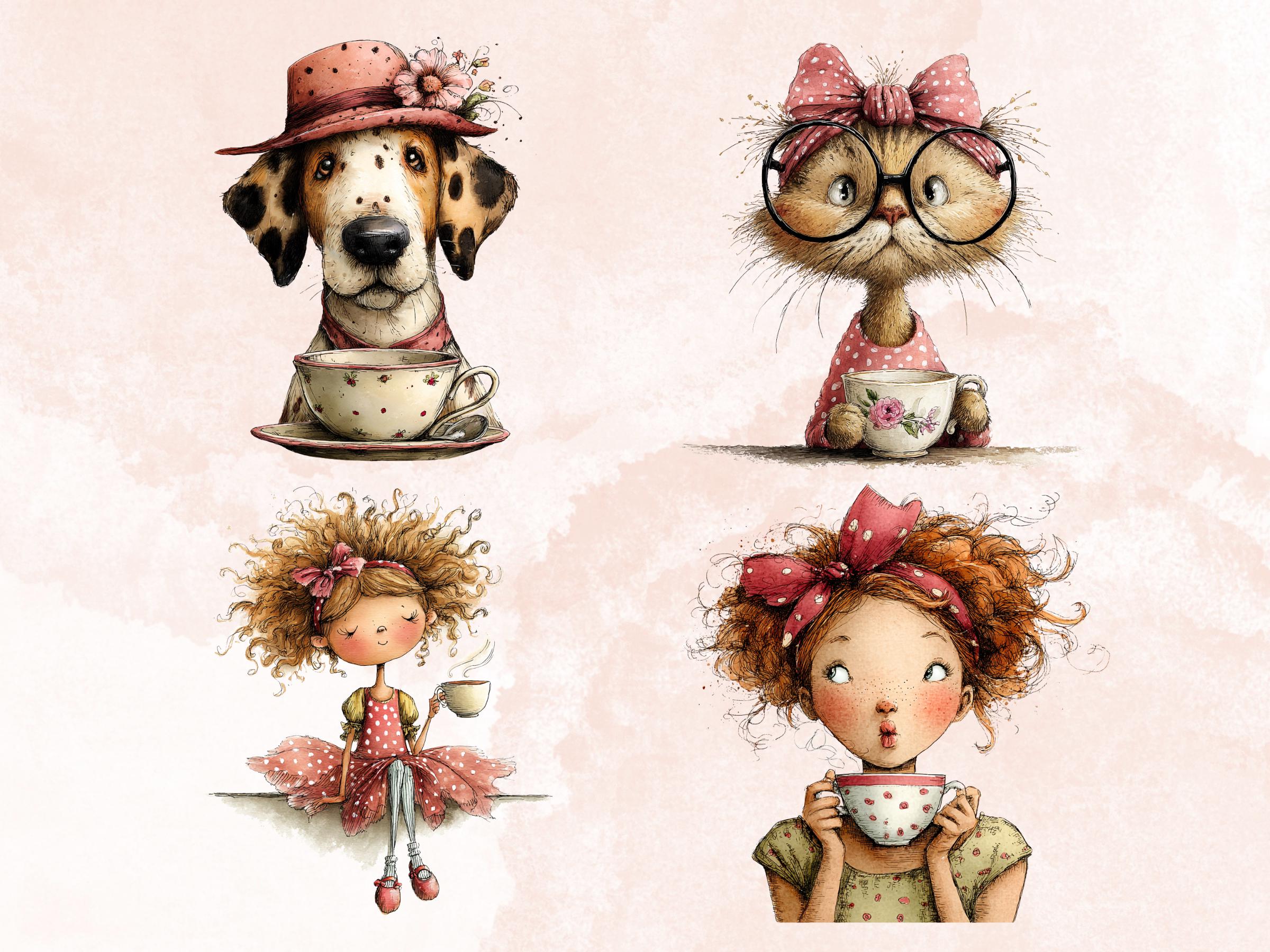 Whimsical Tea Party Clipart Bundle, Quirky Floral Tea Time PNG Illustrations (Digital Download, Commercial Use)