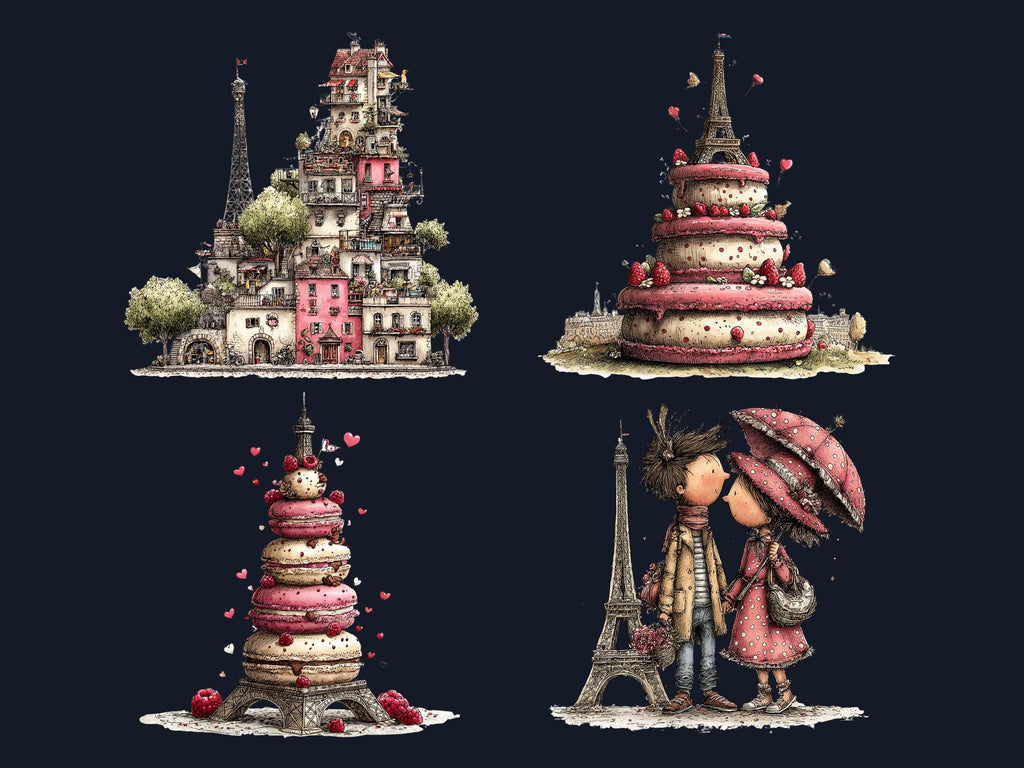 Whimsical Paris Clipart Bundle, Quirky Floral Spring City PNG Illustrations (Digital Download, Commercial Use)