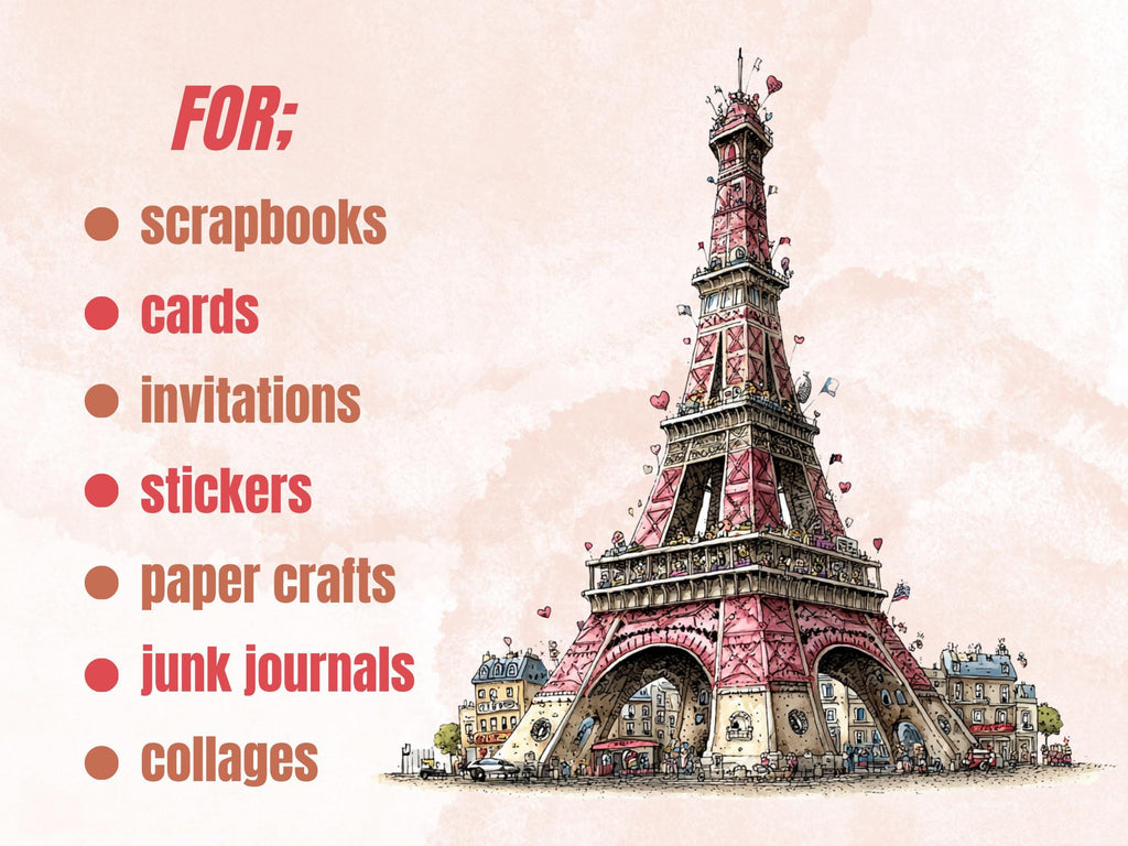 Whimsical Paris Clipart Bundle, Quirky Floral Spring City PNG Illustrations (Digital Download, Commercial Use)